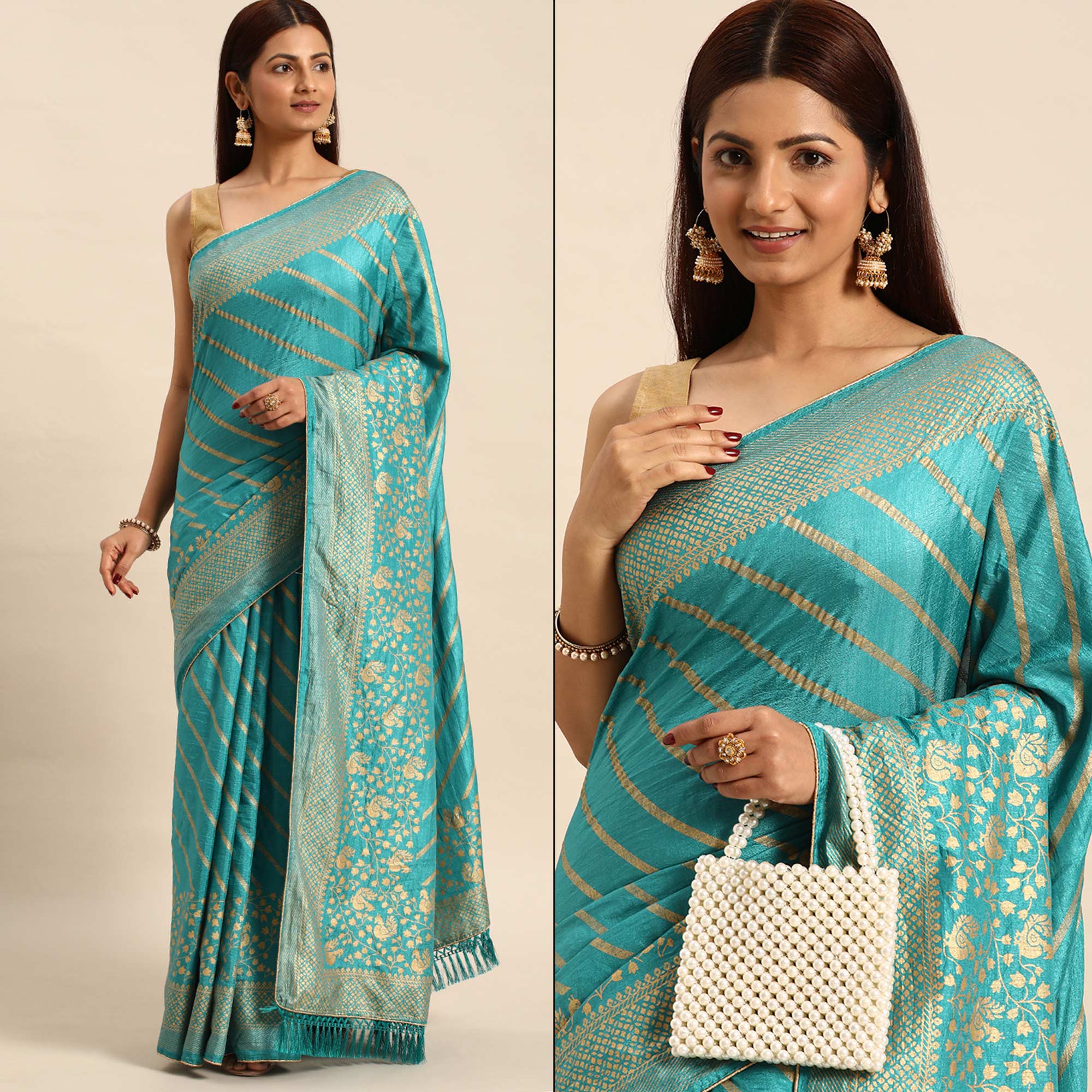 Elegant Blue Vichitra Silk Saree with Golden Zari Stripes and Floral Border