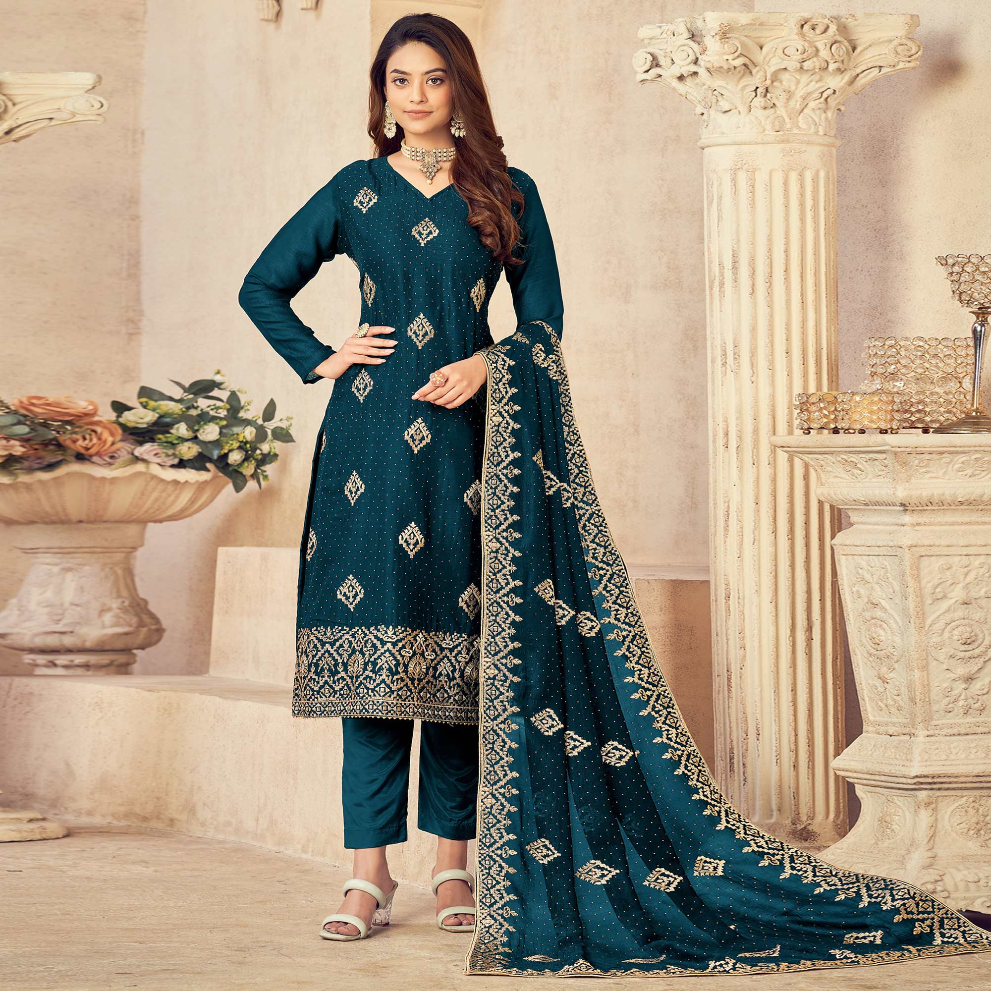 Teal Blue Embroidered Vichitra Silk Suit