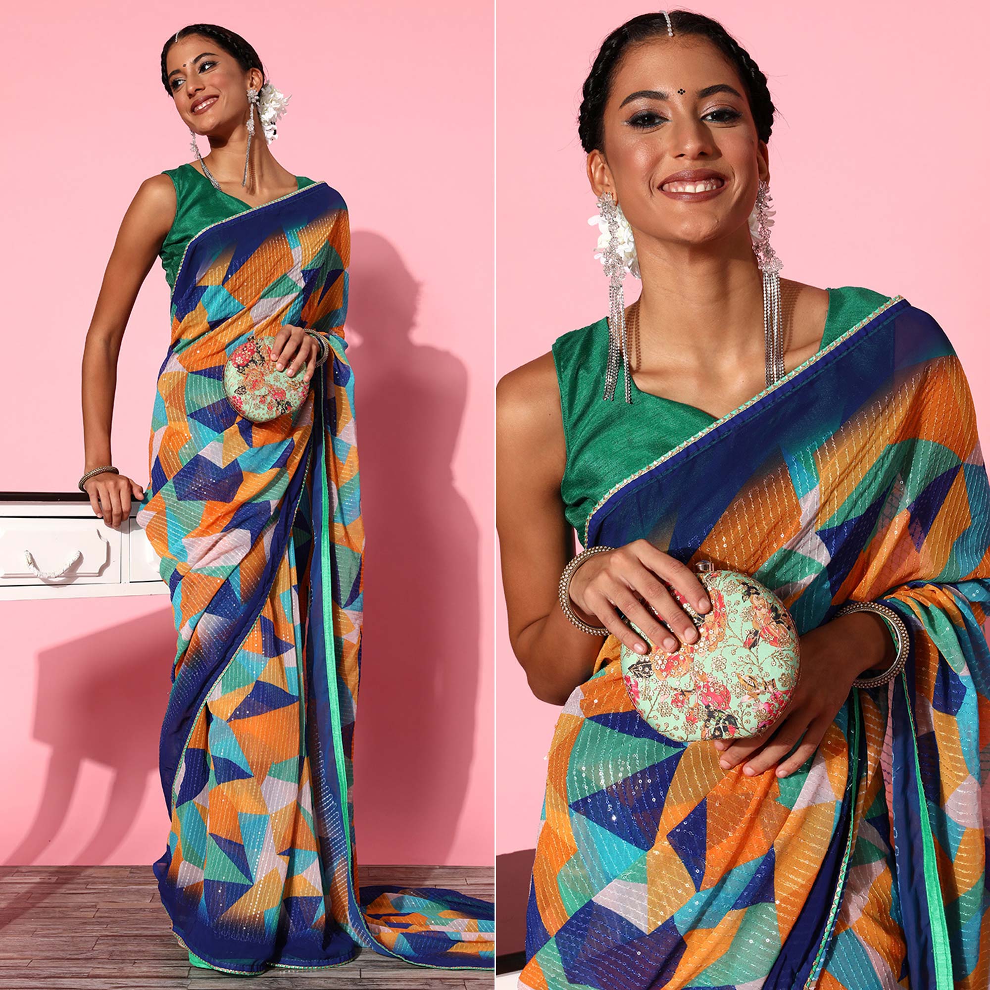 Multicolored Printed With Sequins Embroidered Georgette Saree