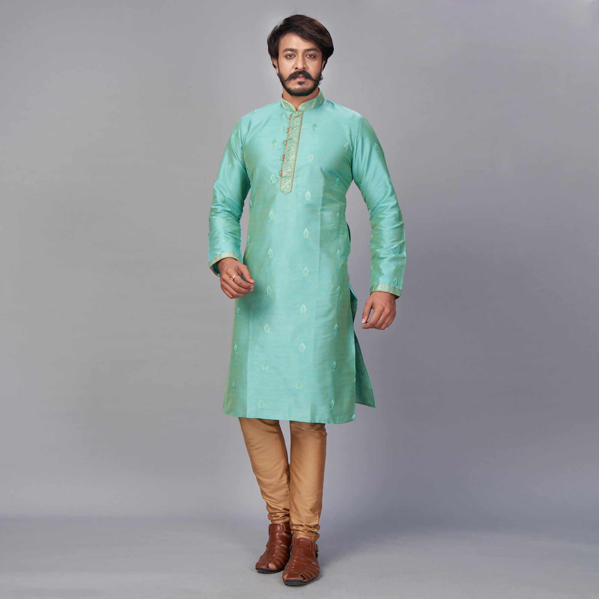 Green Embroidered Jacquard Kurta Pyjama Set