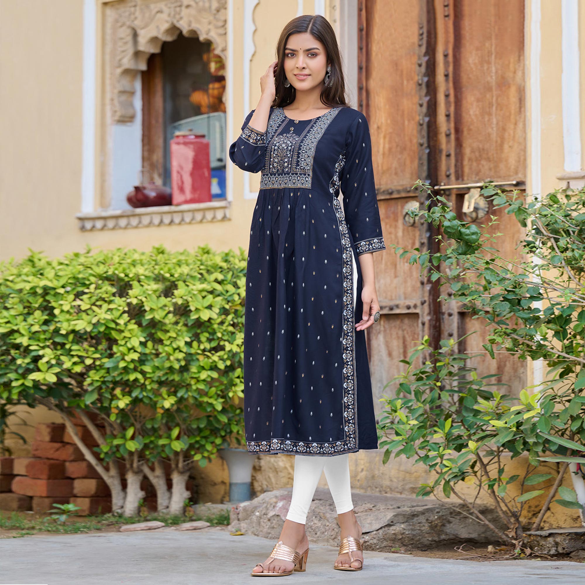 Navy Blue Printed Rayon Naira Cut Kurti