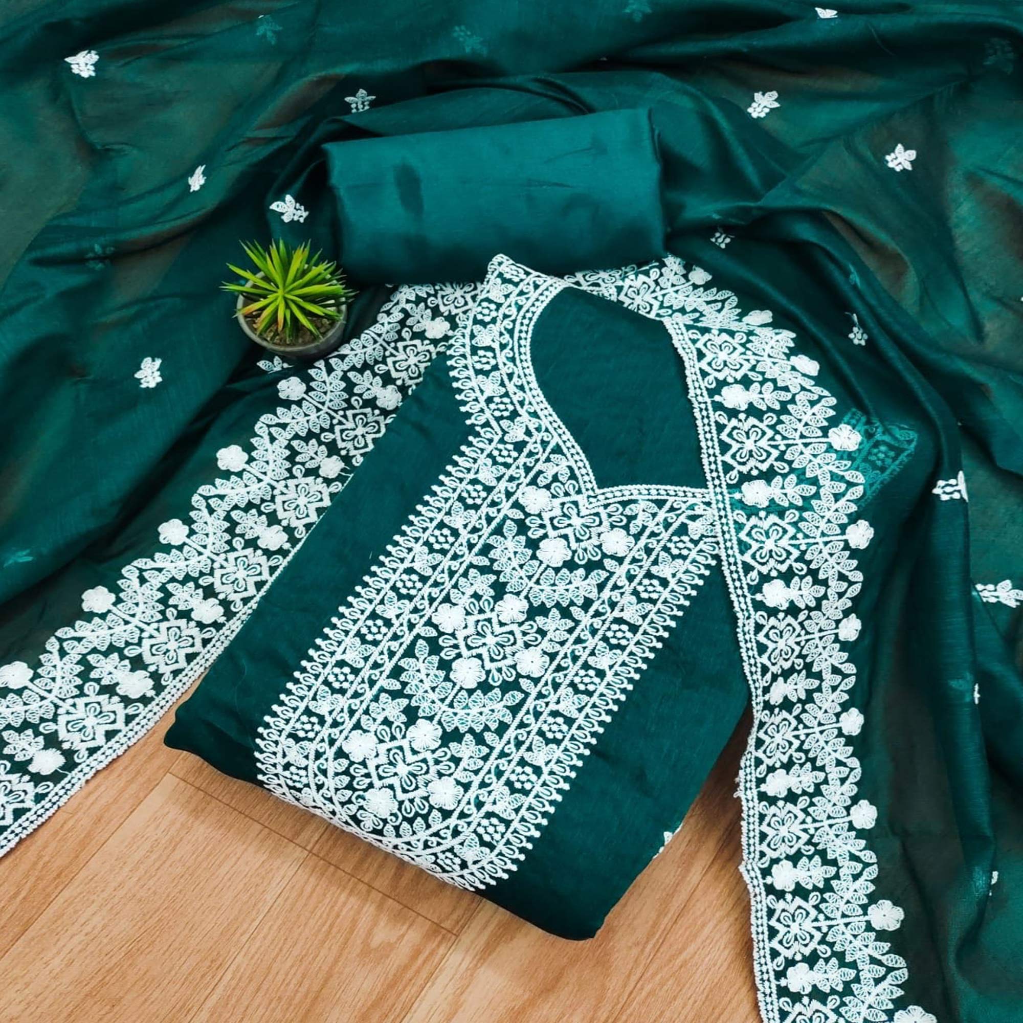 Rama Green Lucknowi Embroidered Modal Dress Material