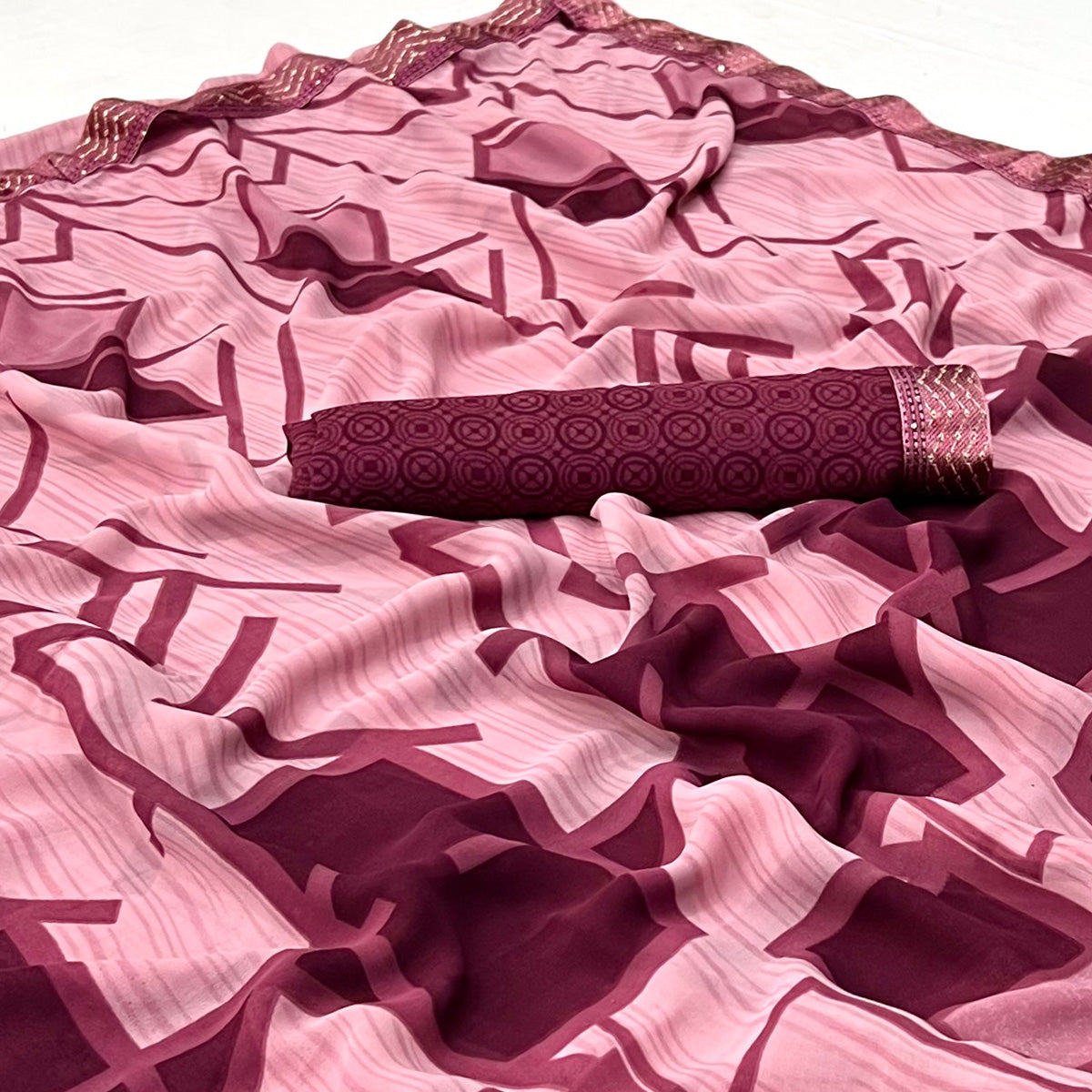 Pink Geometric Printed Georgette Saree