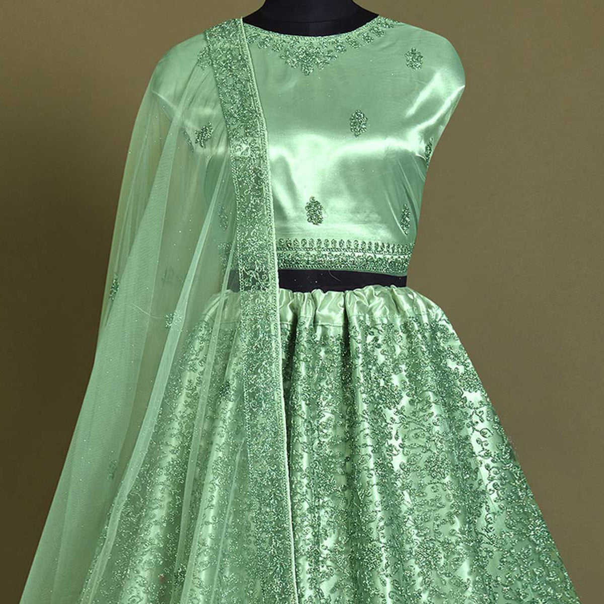 Green Floral Embroidered Net Lehenga Choli