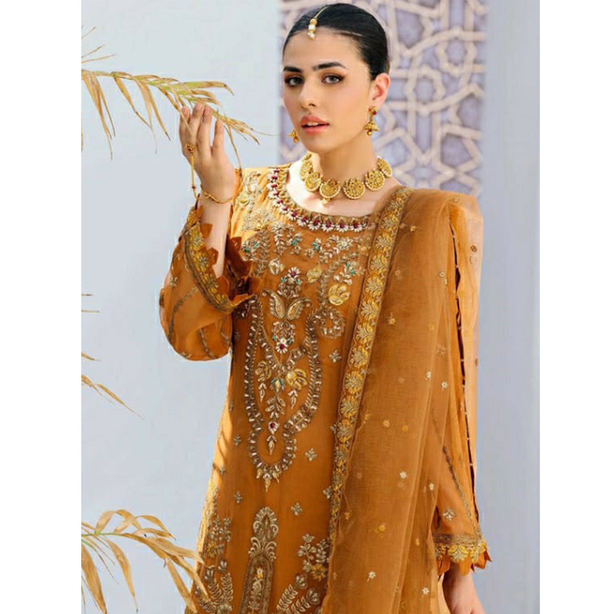 Mustard Heavy Embroidered Georgette Pakistani Suit