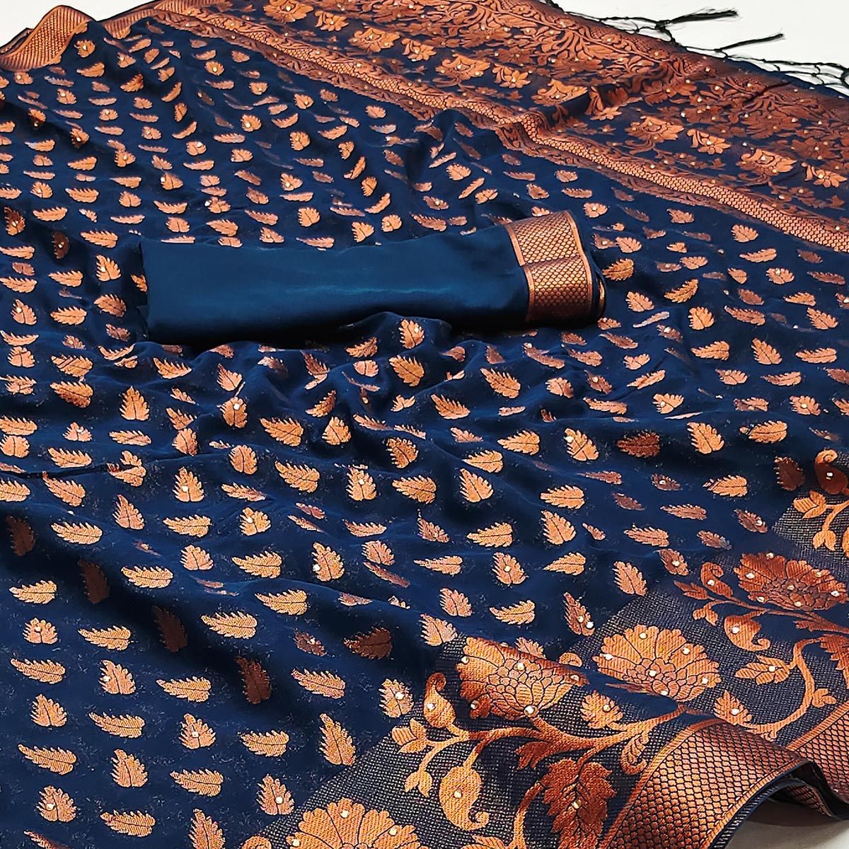 Navy Blue Floral Woven Chiffon Saree