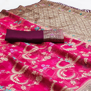 Pink Floral Woven Organza Saree With Tassels