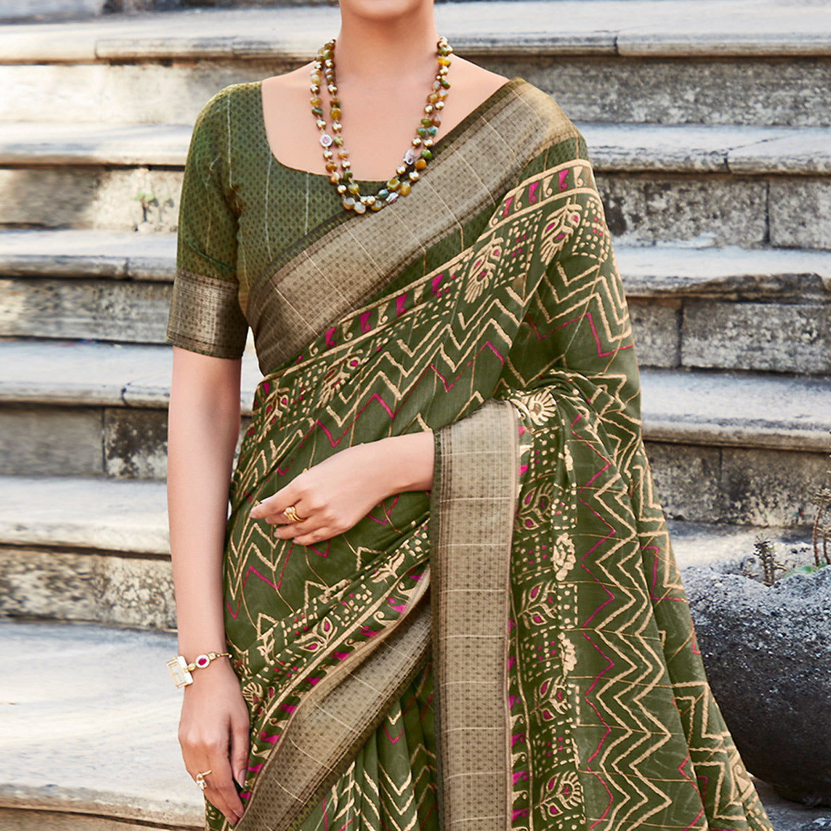 Green Printed With Woven Border Cotton Saree