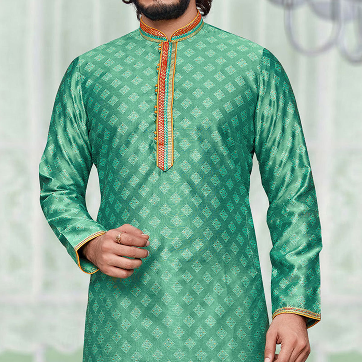 Light Green Woven Jacquard Kurta Pyjama Set