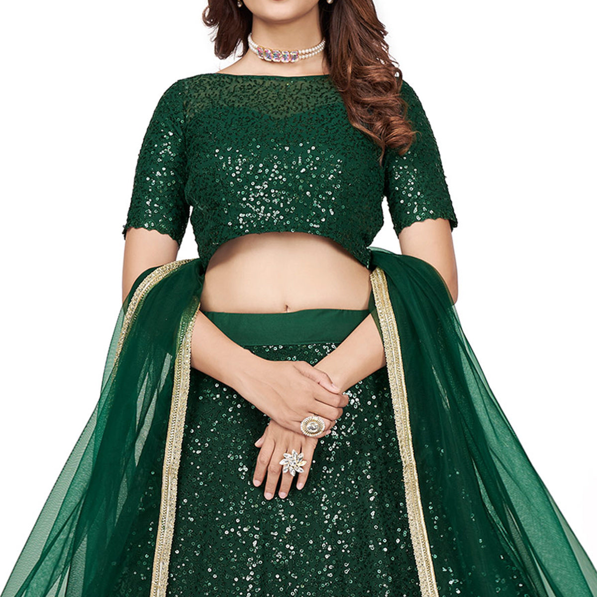 Odette Lehenga Choli : Buy Odette Dark Green Faux Georgette Semi Stitched  Lehenga With Unstitched Blouse (Set of 3) Online|Nykaa Fashion
