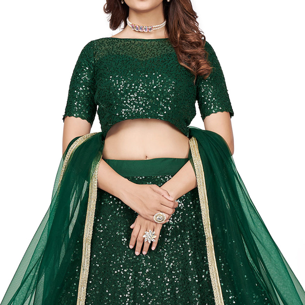 Dark Green Sequins Embroidered Georgette Lehenga Choli