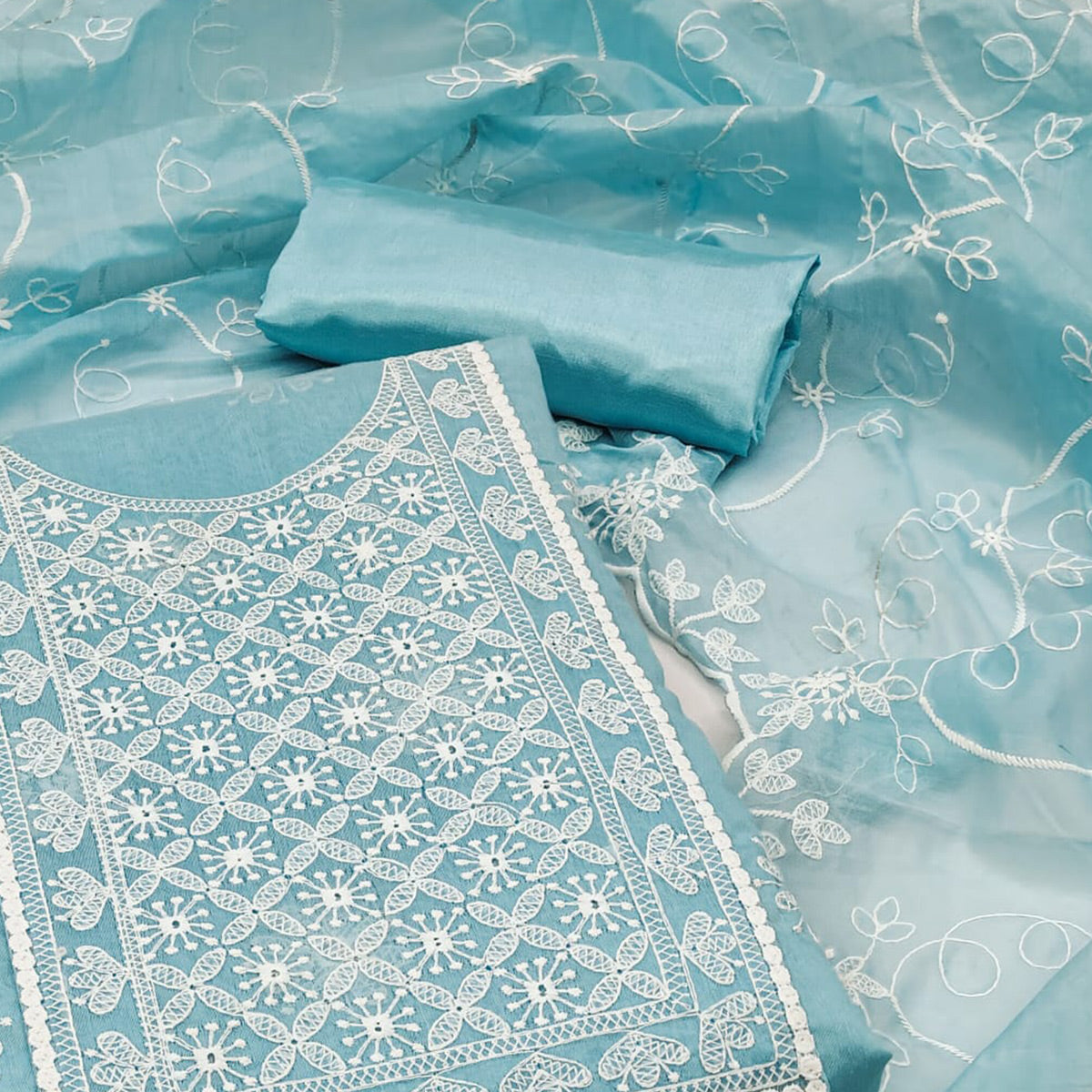Blue Floral Embroidered Chanderi Dress Material
