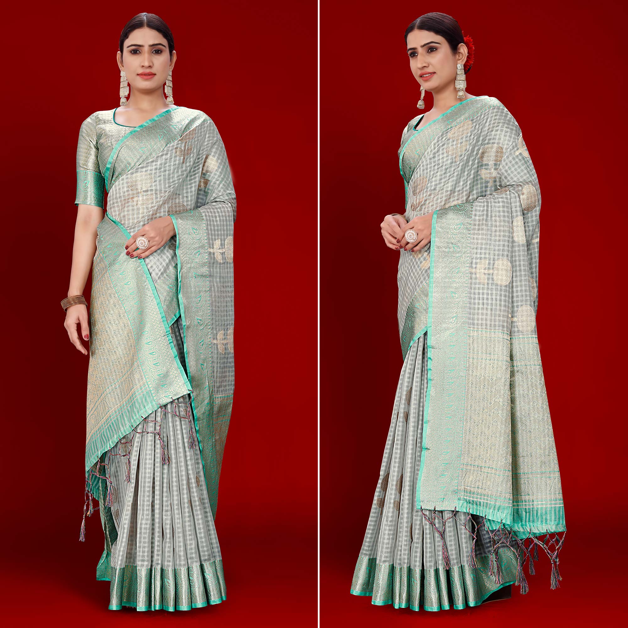 Grey Floral Woven Organza Saree With Tassels