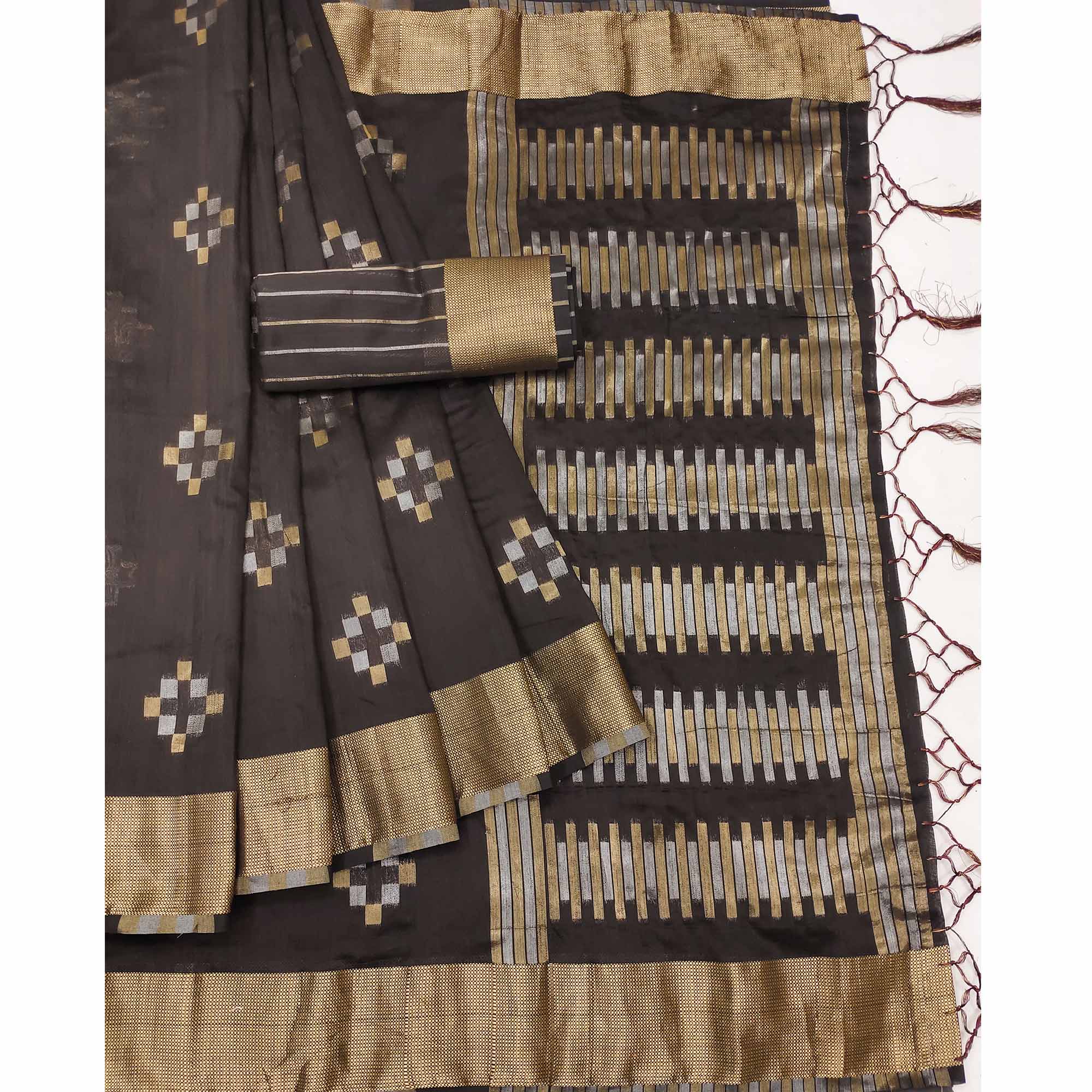 Brown Woven Khaadi Saree With Tassels