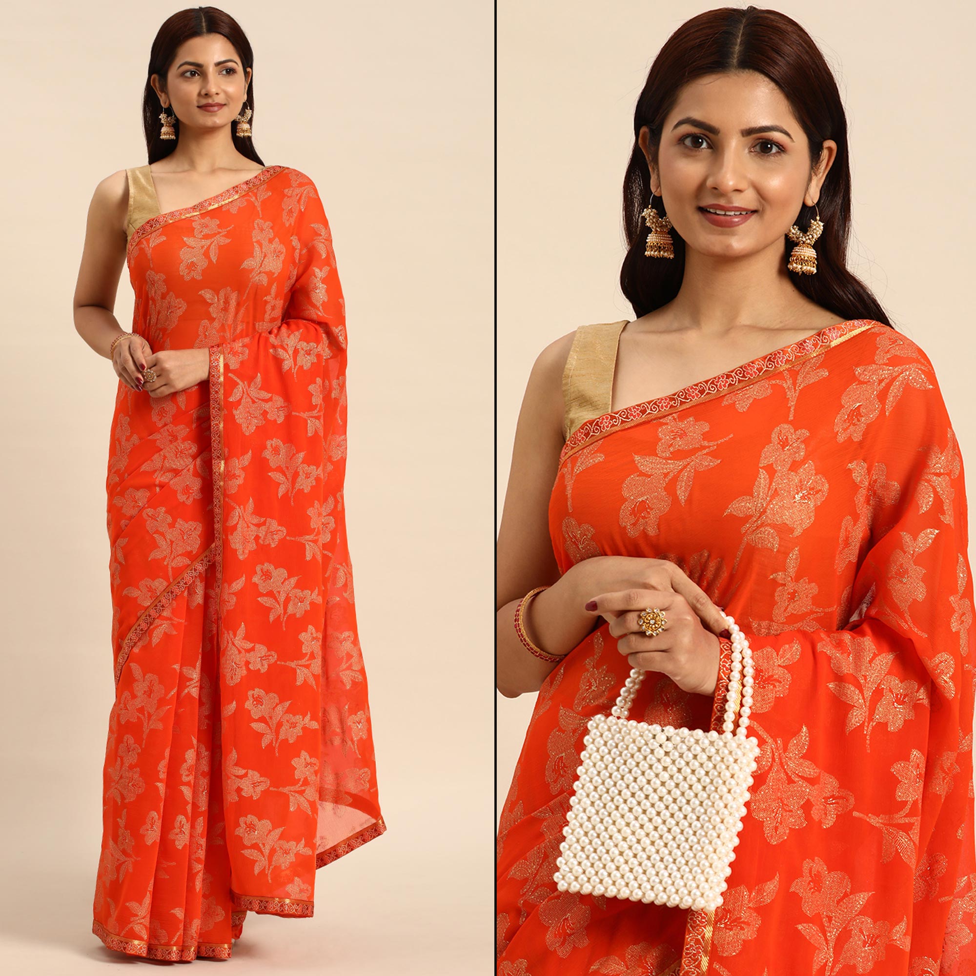 Orange Floral Foil Printed Zomato Saree