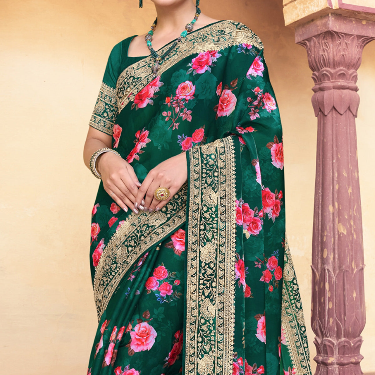 Green Floral Printed With Embroidered Organza Saree