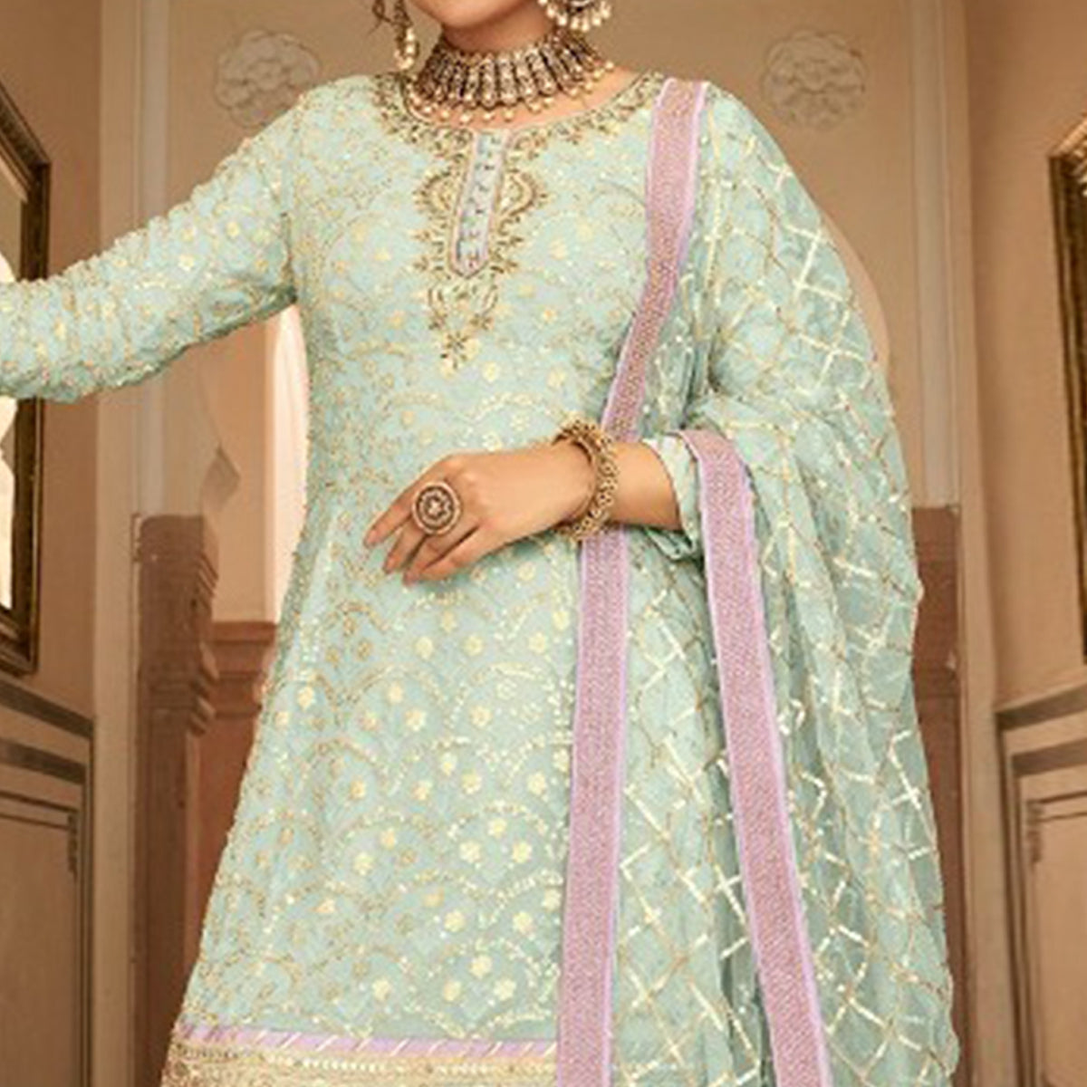 Green Woven Georgette Sharara Suit