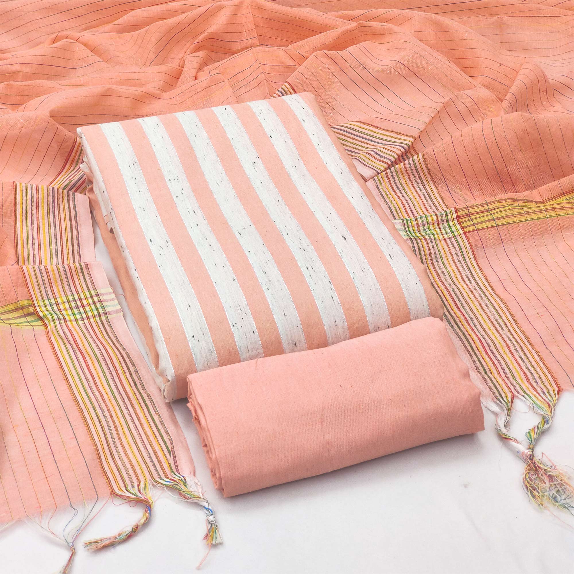 Peach Striped Printed With Woven Cotton Blend Dress Material