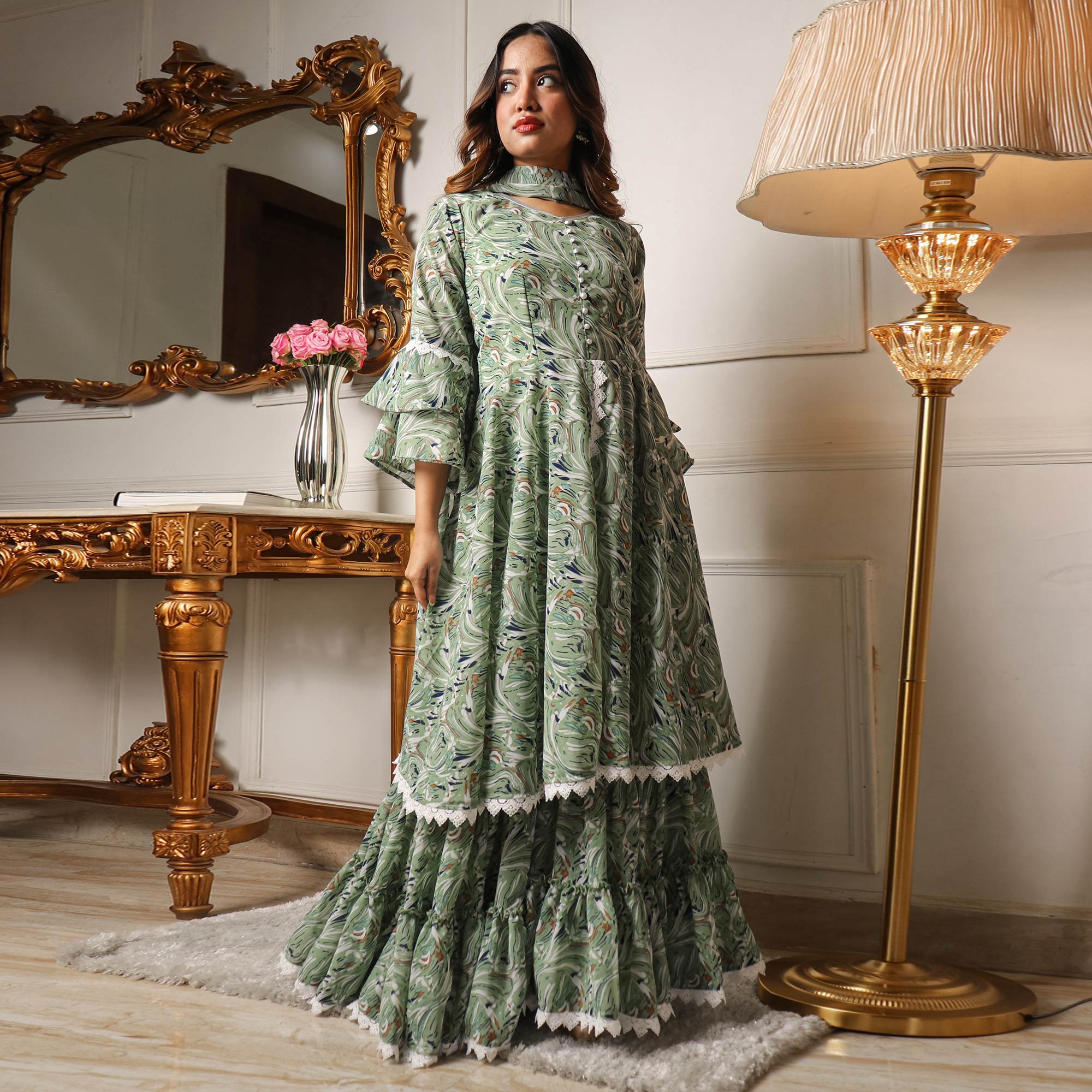 Green Printed Georgette Sharara Suit With Crosia border