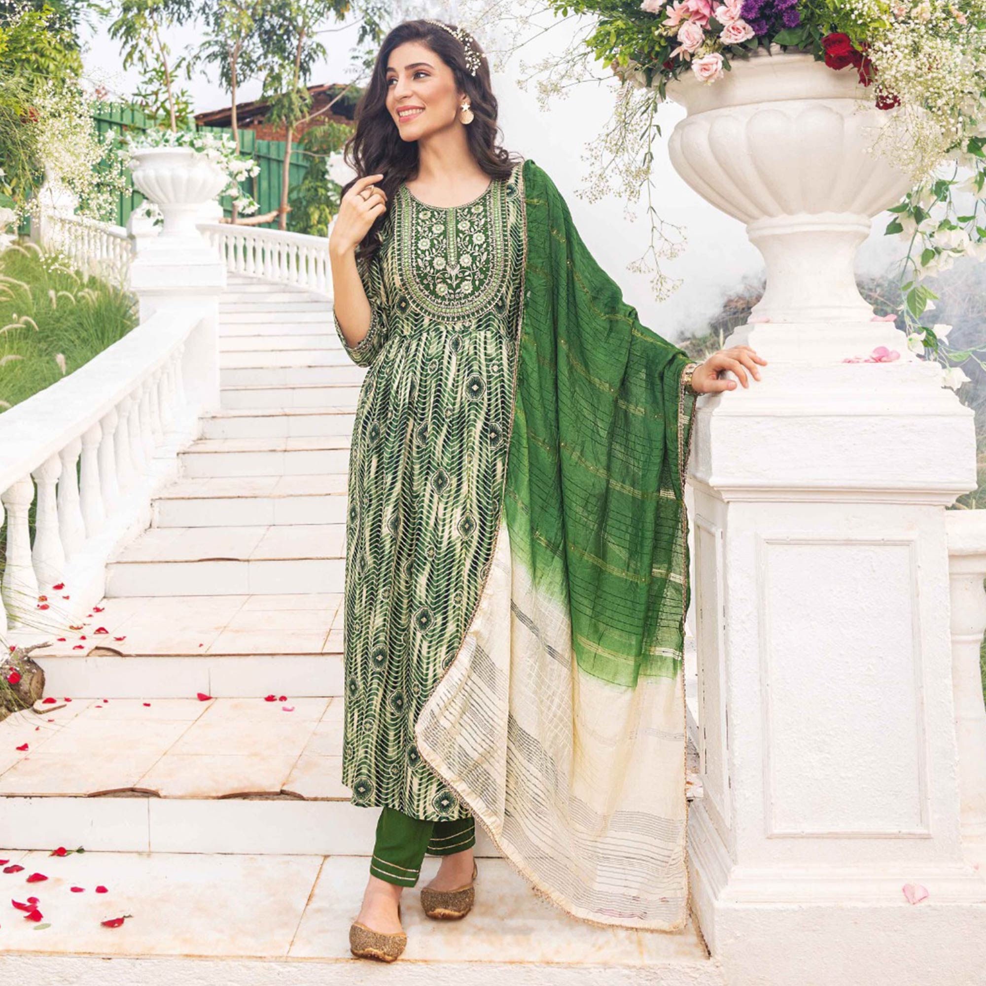 Green Foil Printed Rayon Naira Cut Suit