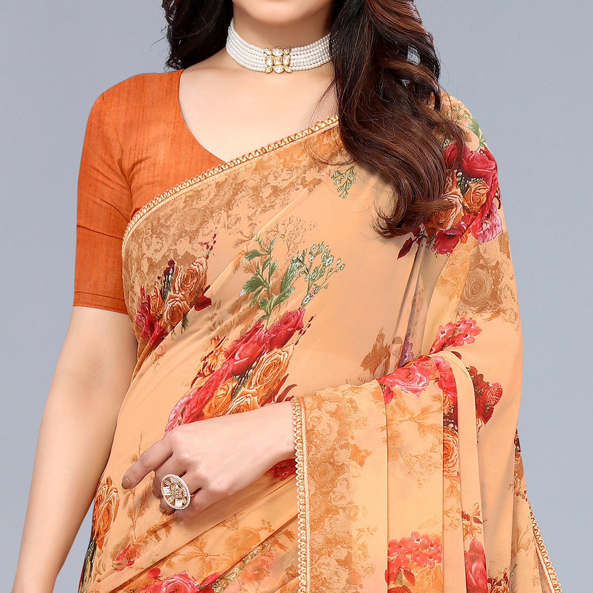 Orange Floral Printed Georgette Saree