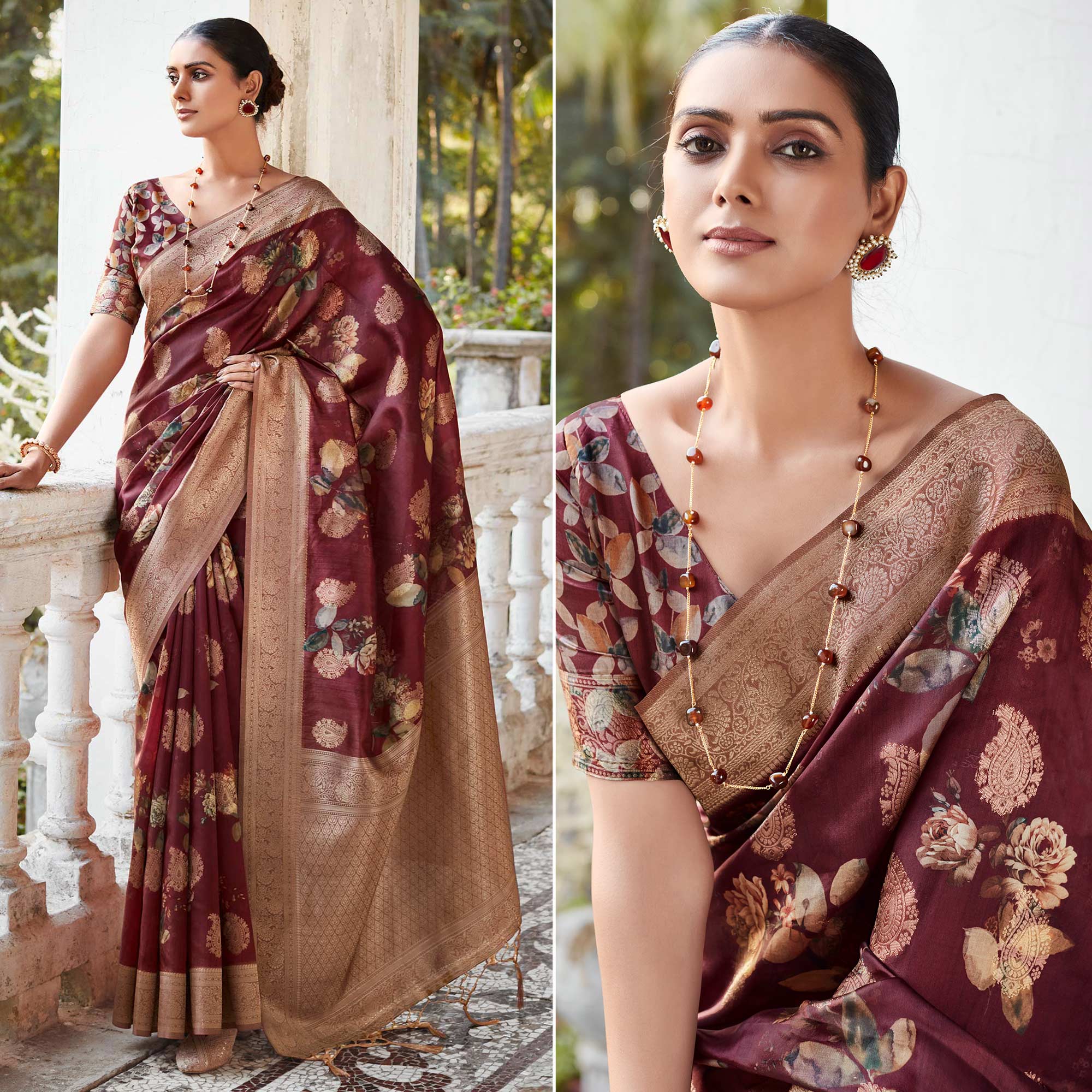 Maroon Woven With Floral Printed Art Silk Saree
