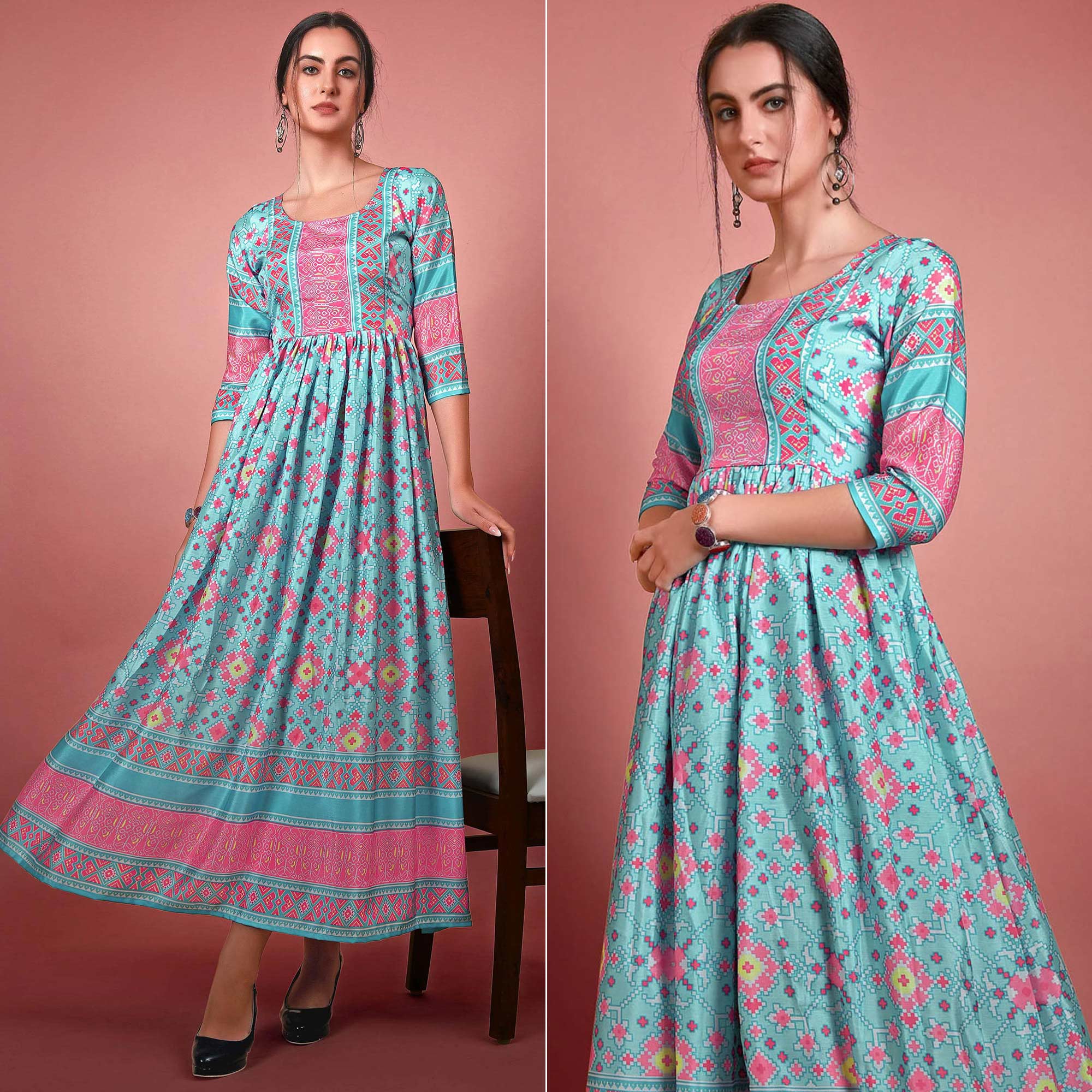 Sky Blue Digital Printed Chiffon Long Kurti