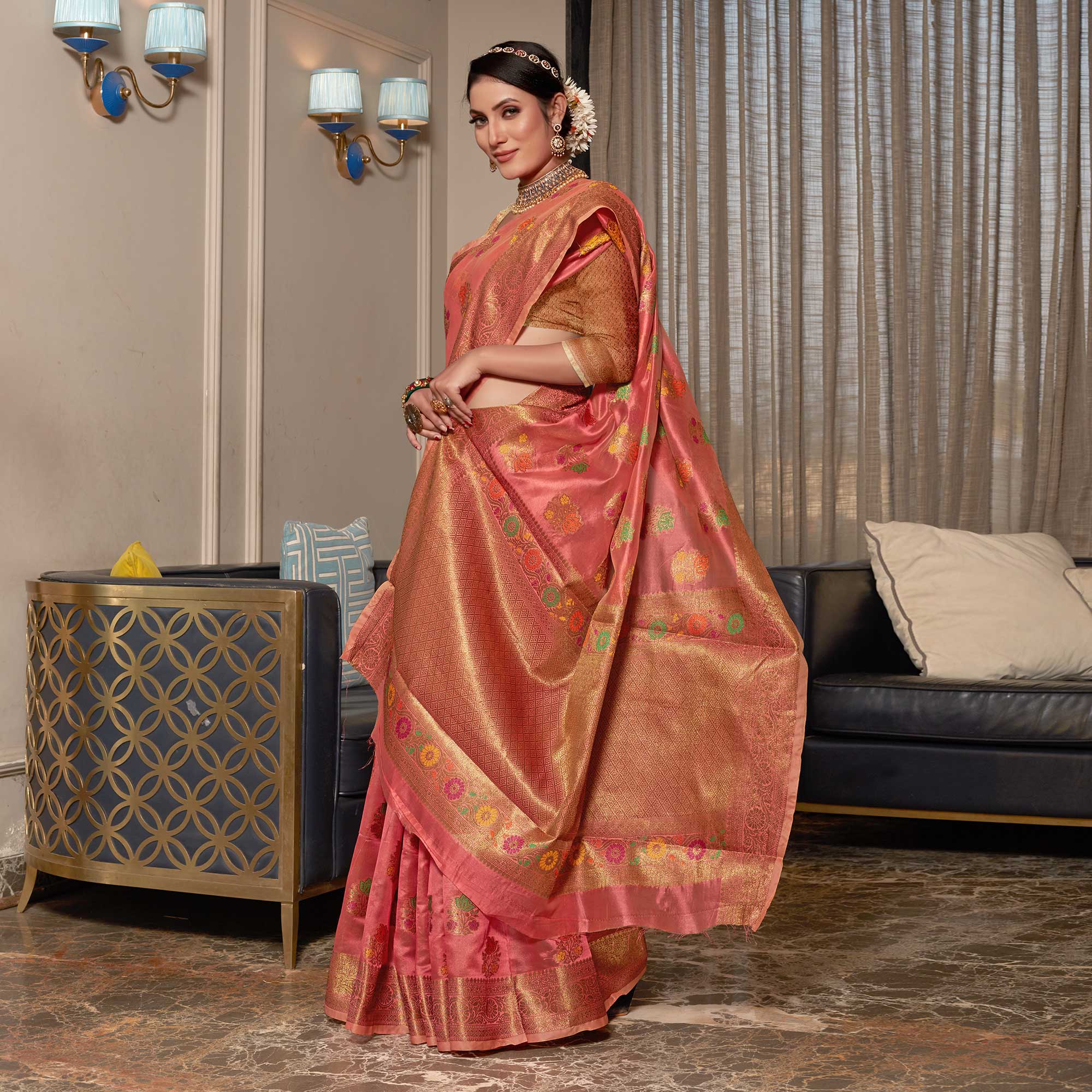 Gajari Pink Floral Woven Organza Saree