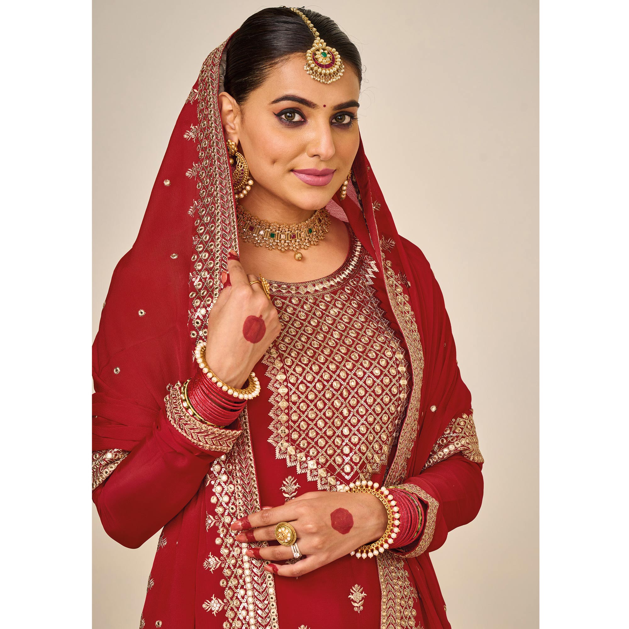 Red Embroidered Georgette Sharara Suit