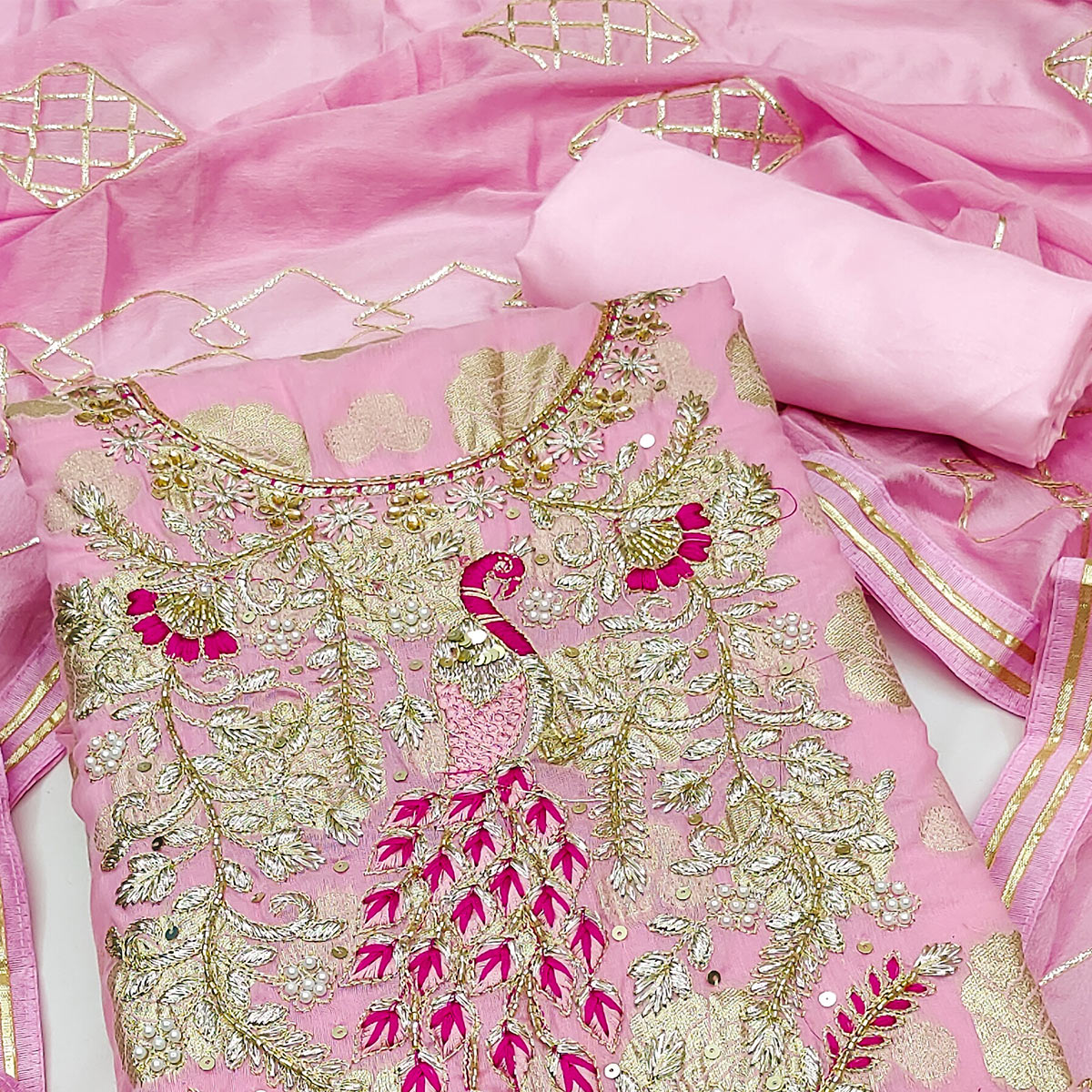 Pink Woven Banarasi Silk Dress Material