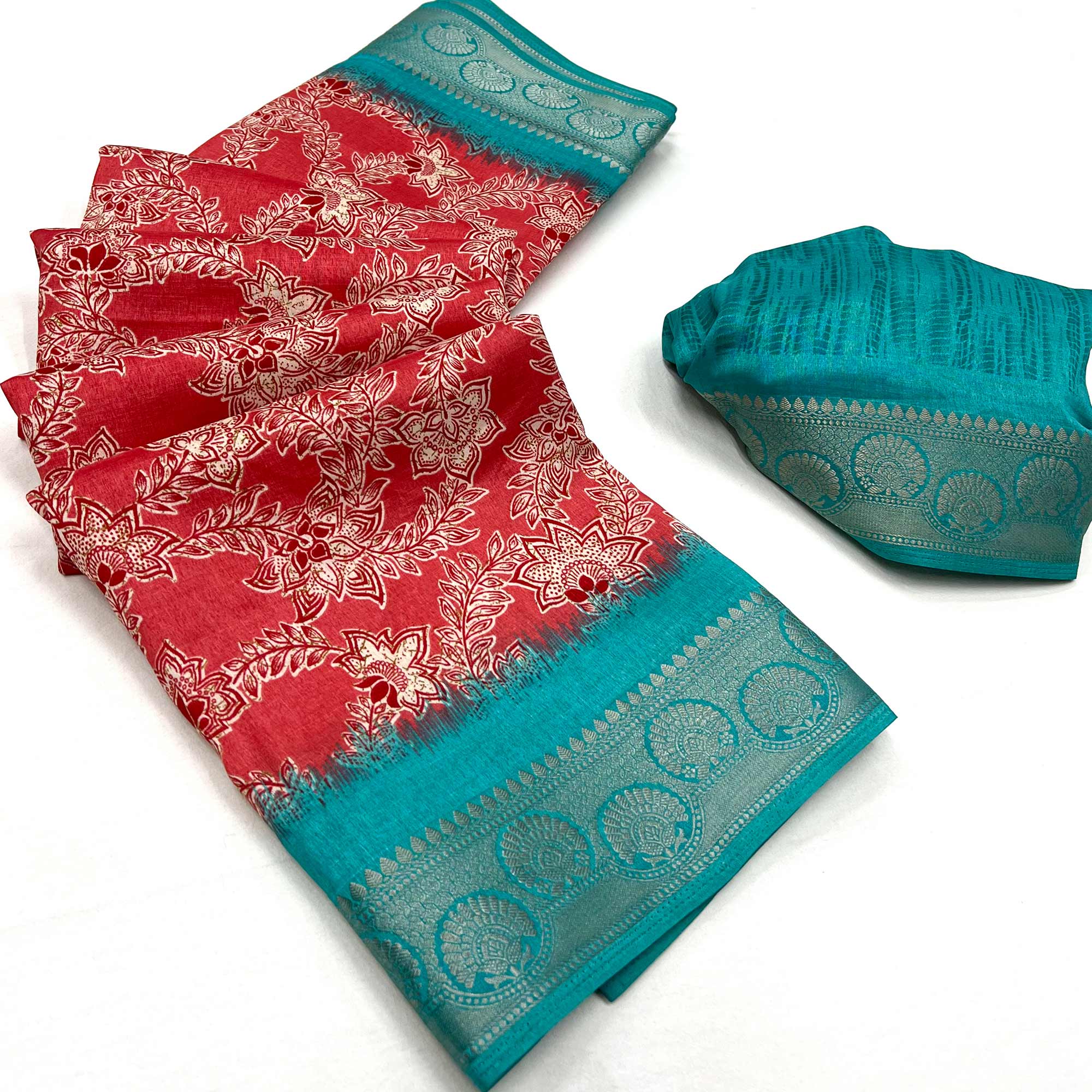 Red Floral Printed With Woven Border Dola Silk Saree