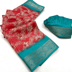 Red Floral Printed With Woven Border Dola Silk Saree