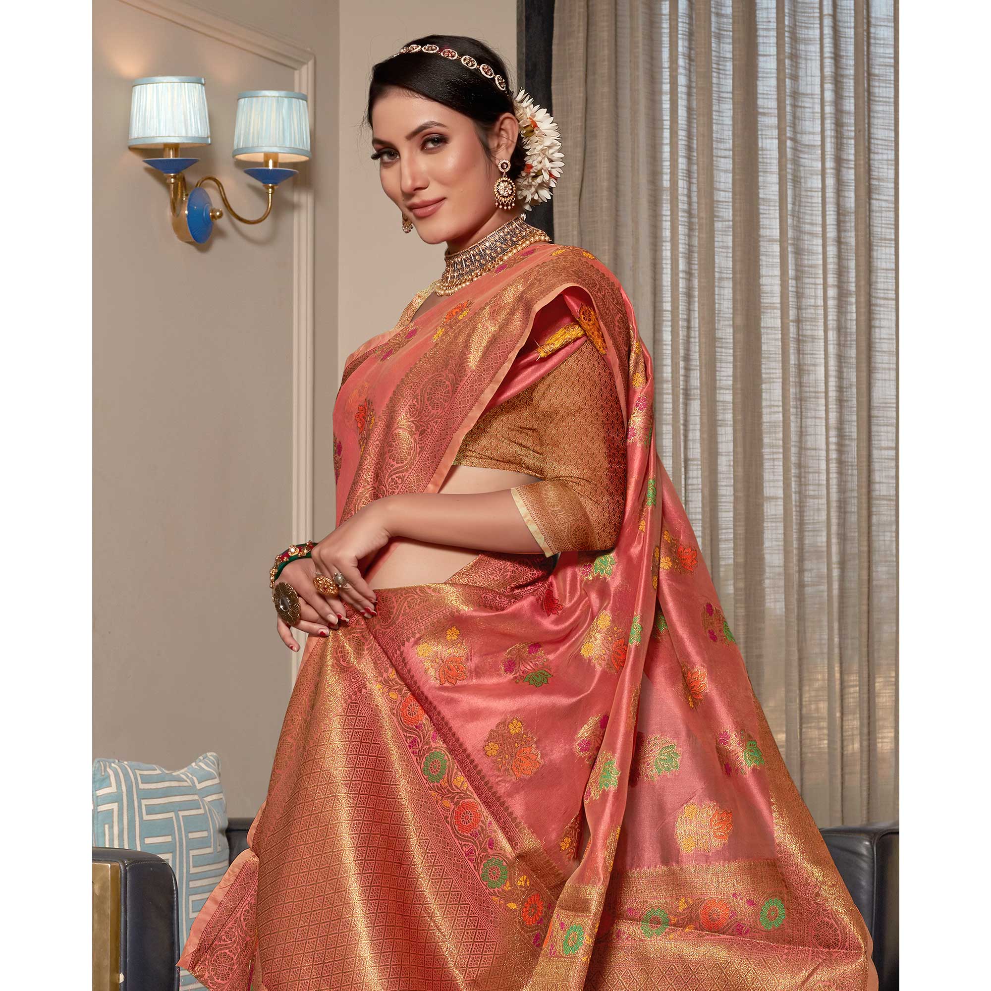 Gajari Pink Floral Woven Organza Saree