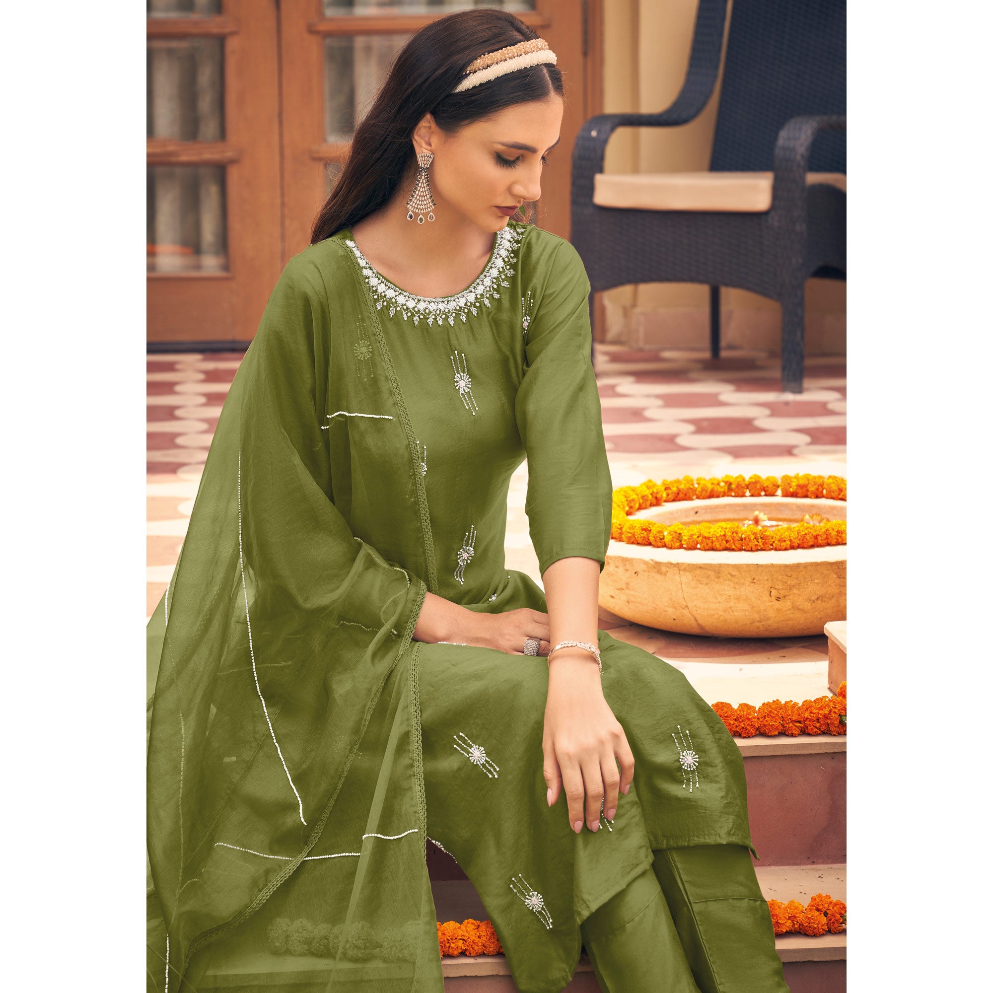 Green Embellished Viscose Salwar Suit