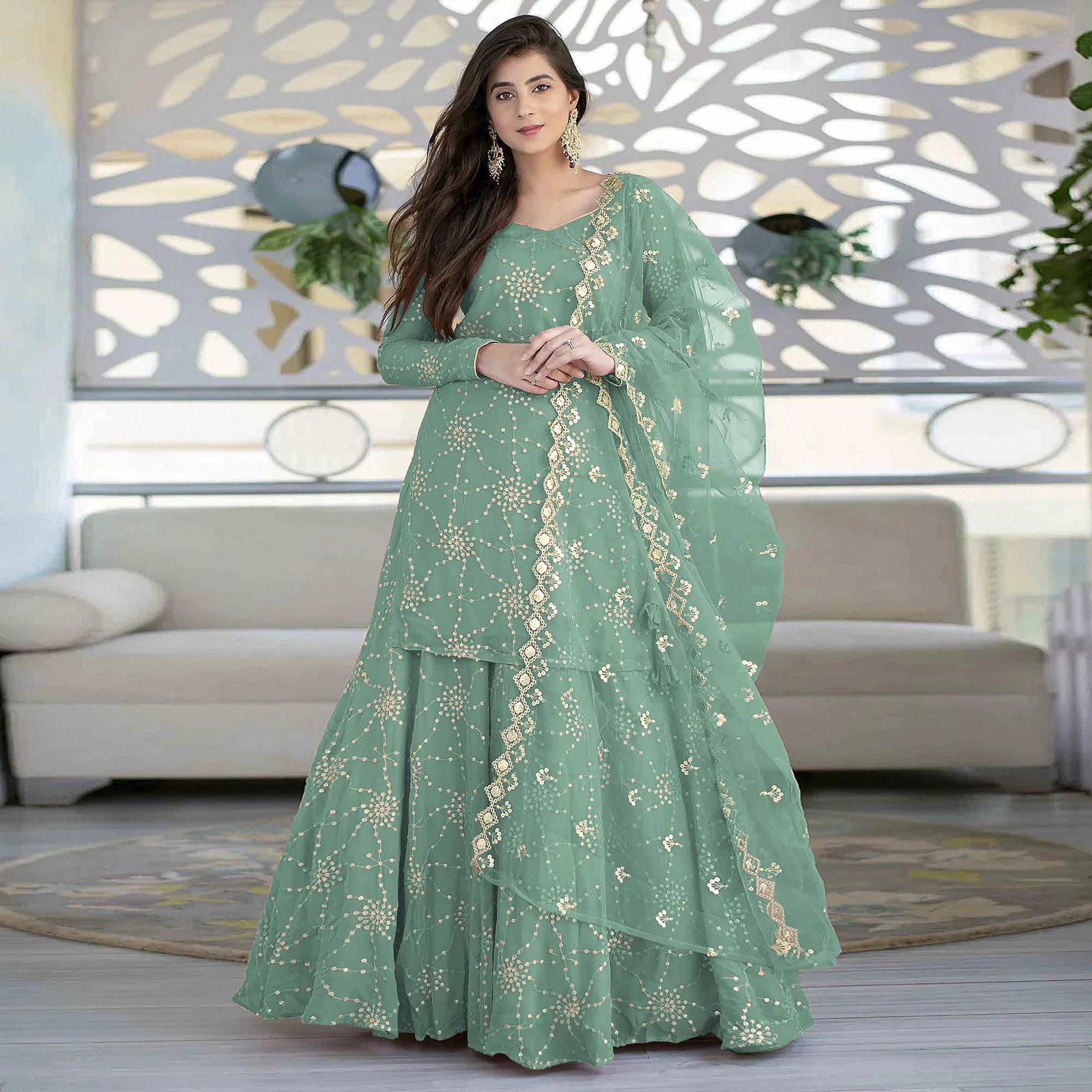 Sea Green Sequins Embroidered Georgette Gharara Style Suit
