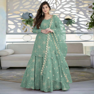 Sea Green Sequins Embroidered Georgette Semi Stitched Gharara Style Suit