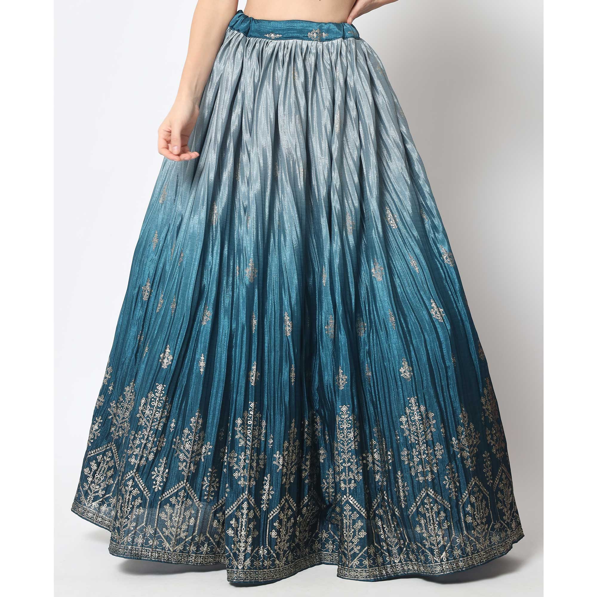 Teal Blue Foil Printed Chiffon Lehenga Choli