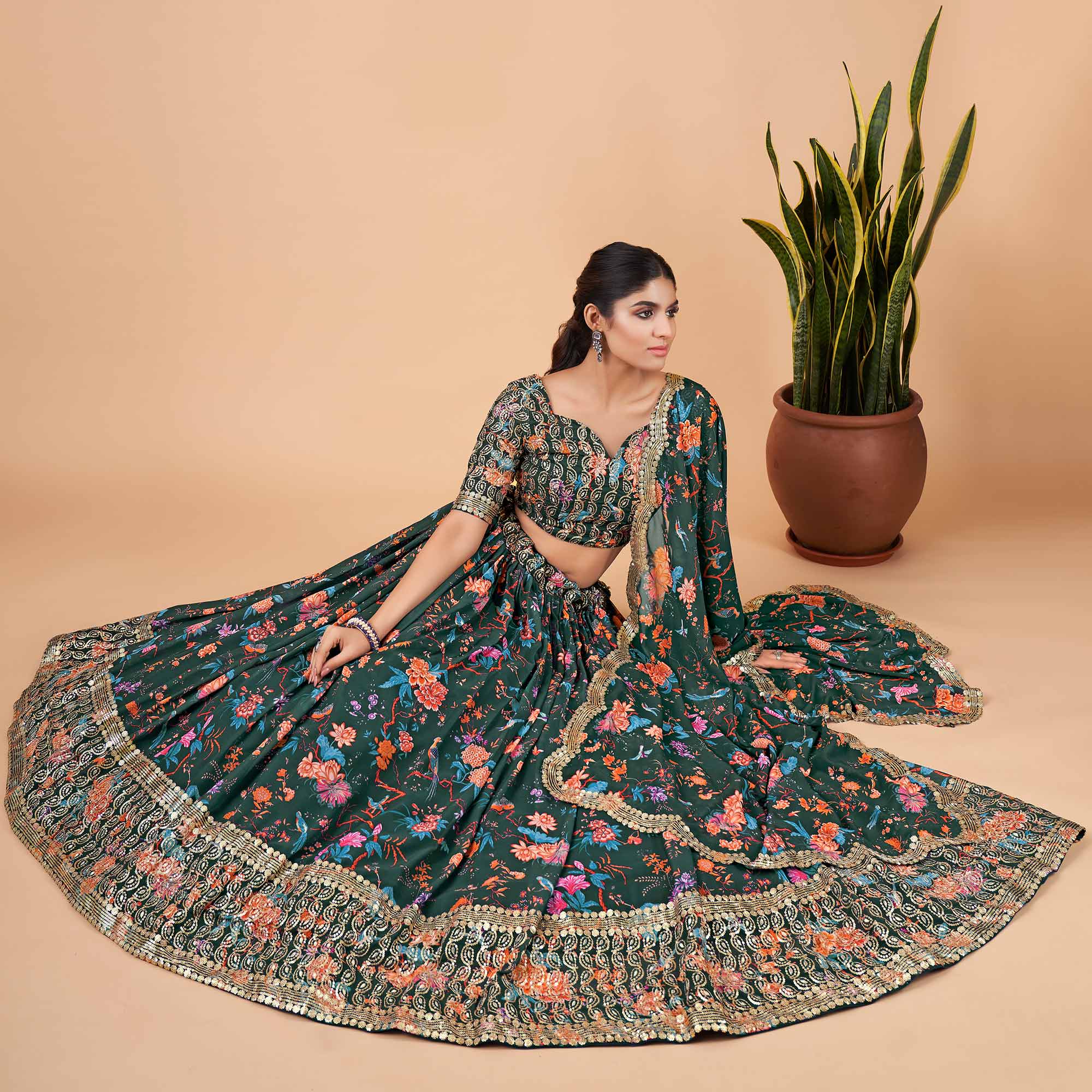 Green Floral Printed And Sequins Work Georgette Lehenga Choli