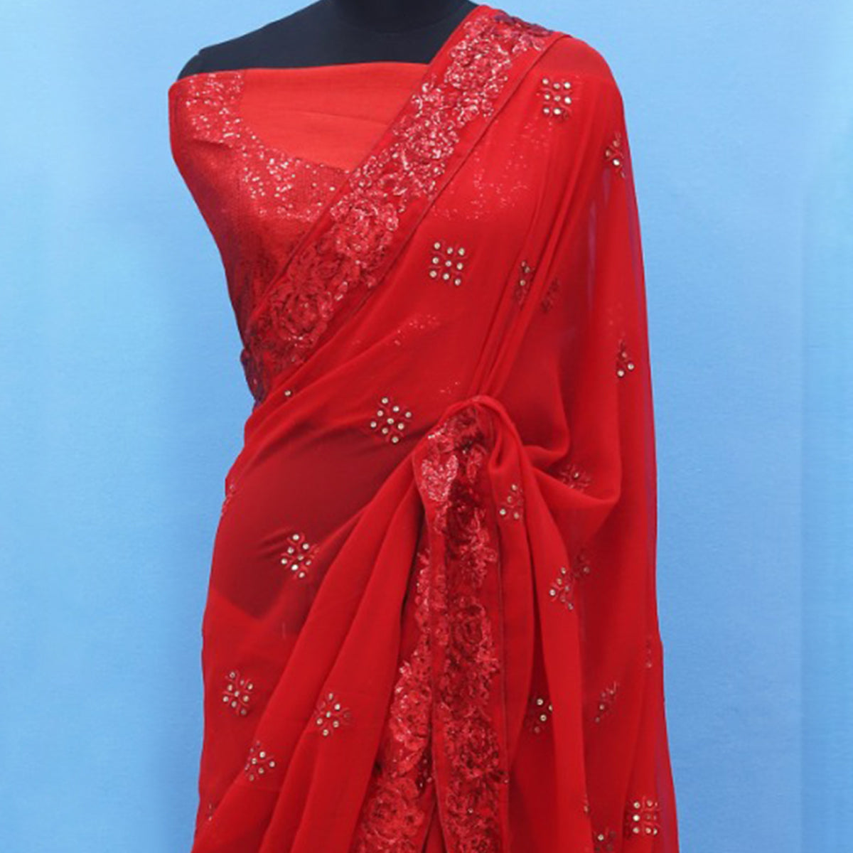 Red Sequins Emroidered Georgette Saree