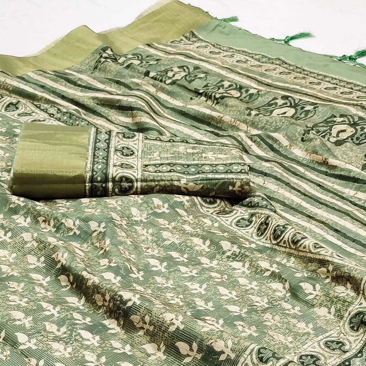 Green Floral Digital Printed Matka Tussar Silk Saree With Tassels
