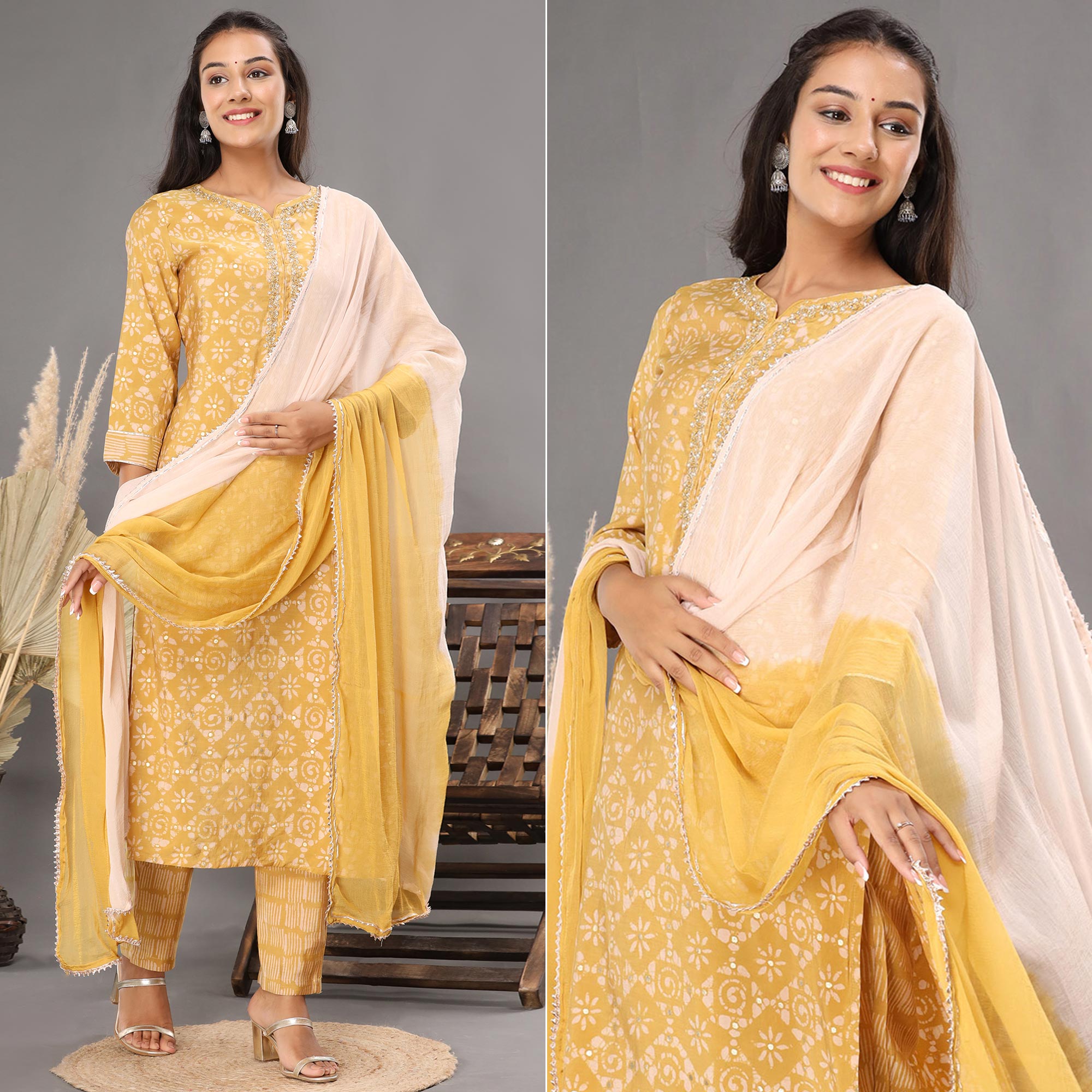 Yellow Printed Muslin Salwar Suit