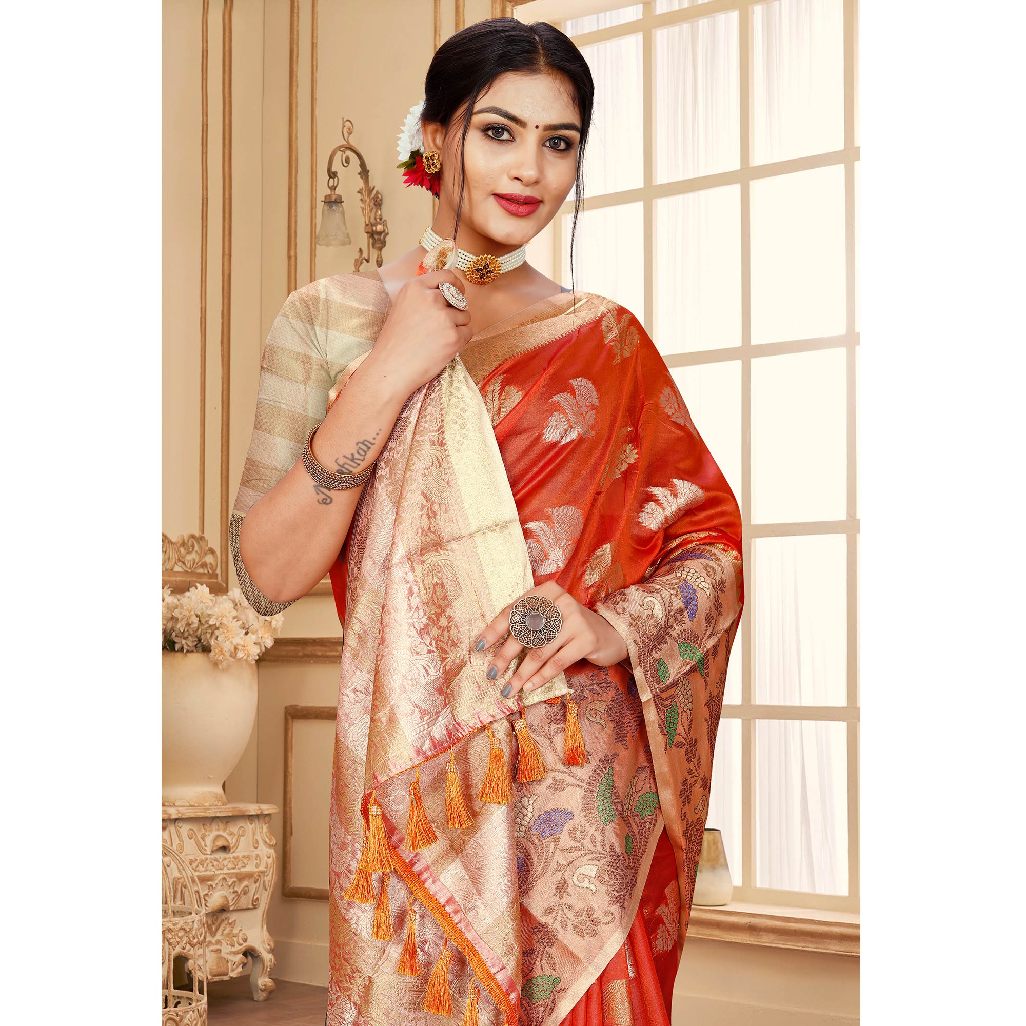 Orange Floral Woven Organza Saree With Tassels