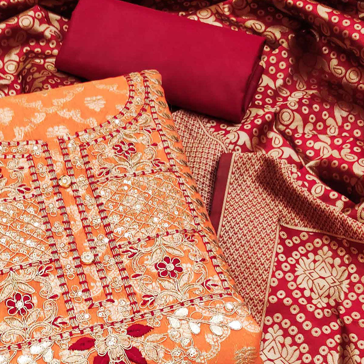 Orange Woven With Embroidered Chanderi Dress Material