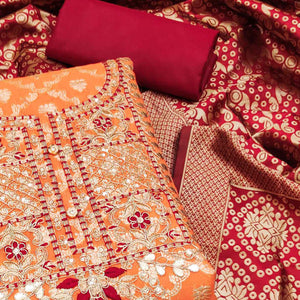Orange Woven With Embroidered Chanderi Dress Material