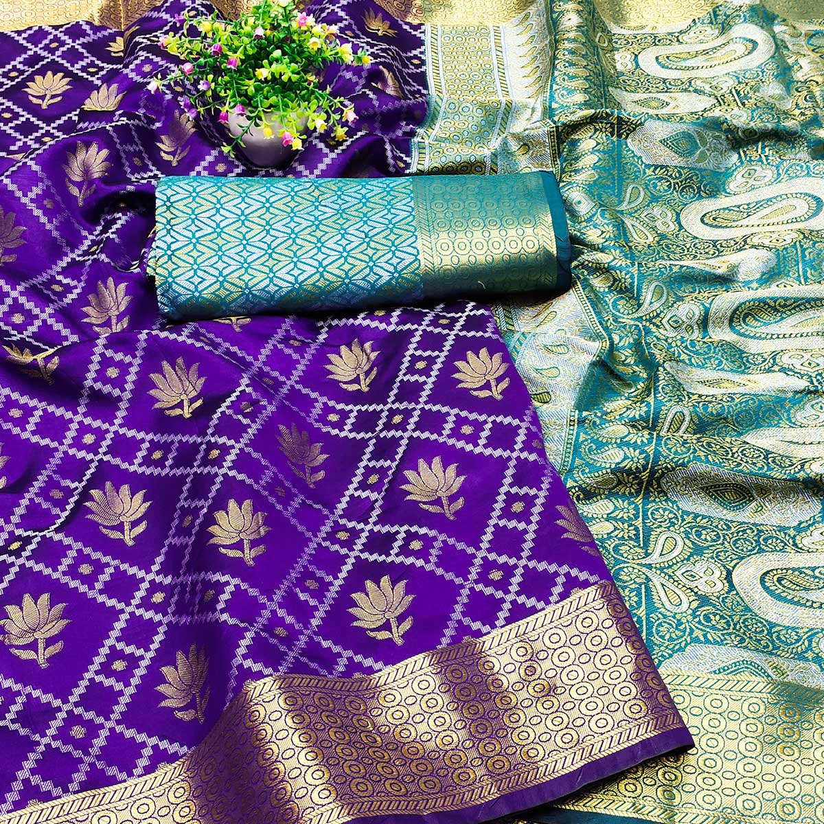 Violet Floral Woven Banarasi Silk Saree
