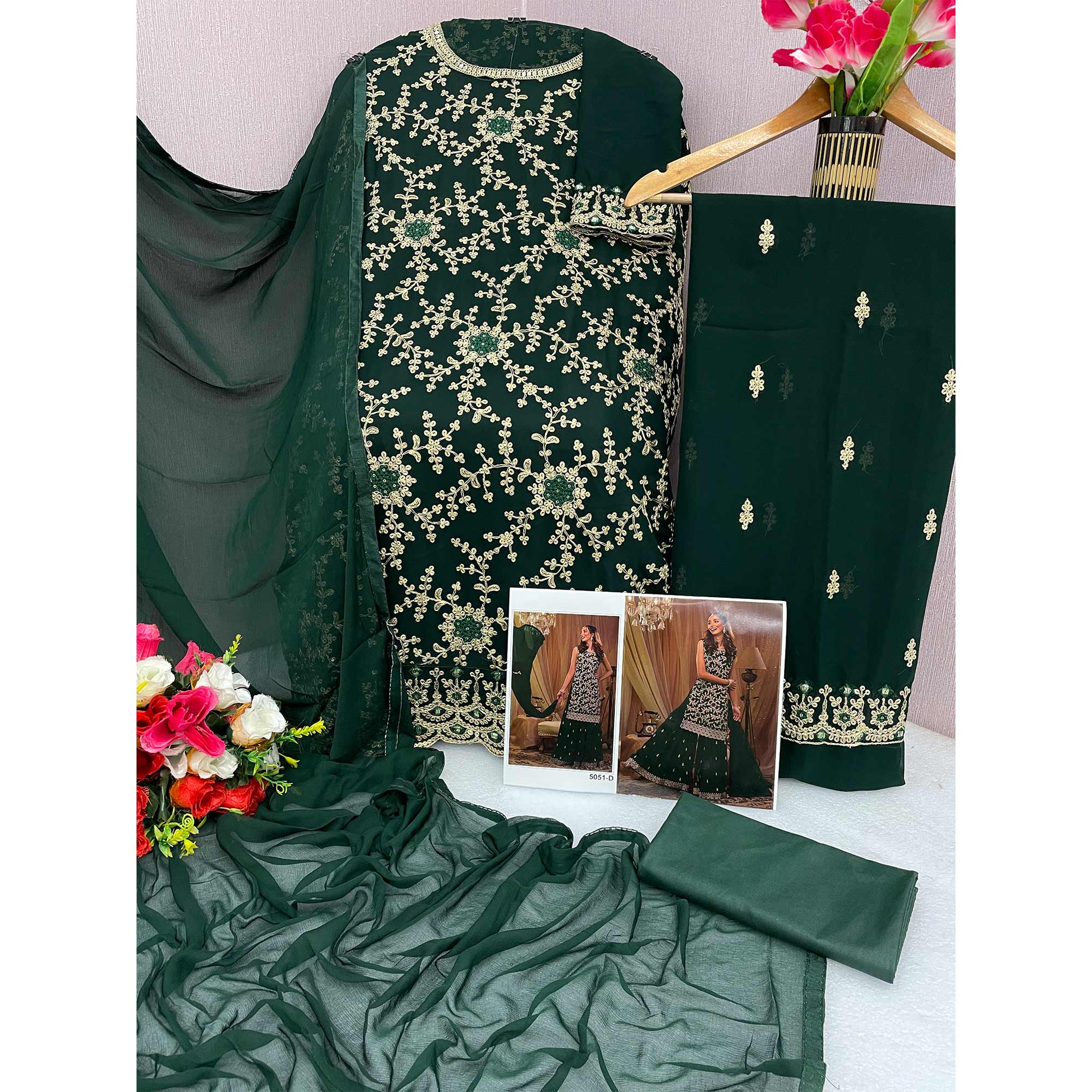 Dark Green Floral Embroidered Georgette Semi Stitched Sharara Suit