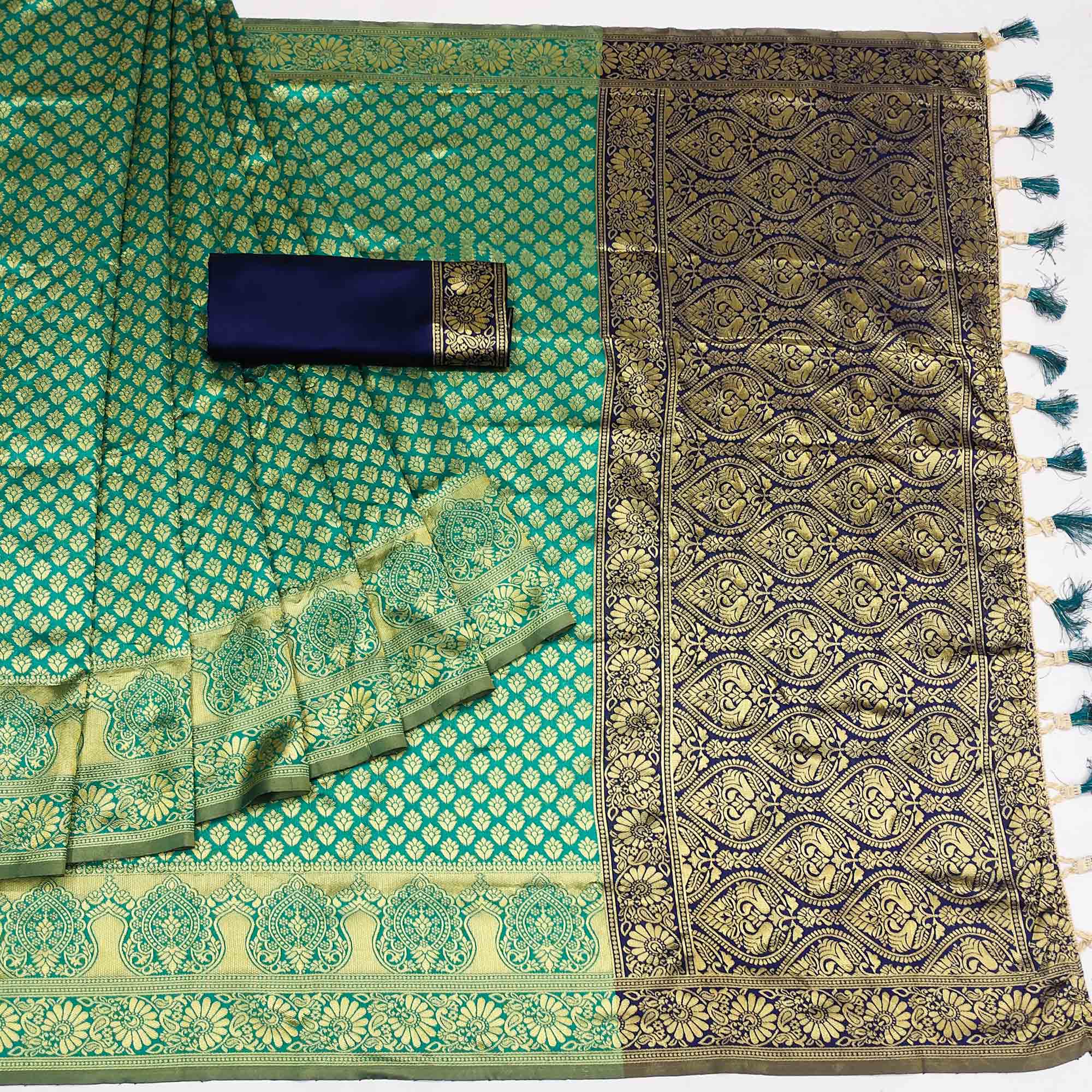 Rama Green Woven Banarasi Silk Saree With Tassels