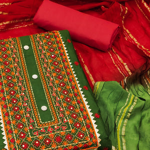 Green Floral Embroidered Cotton Blend Dress Material