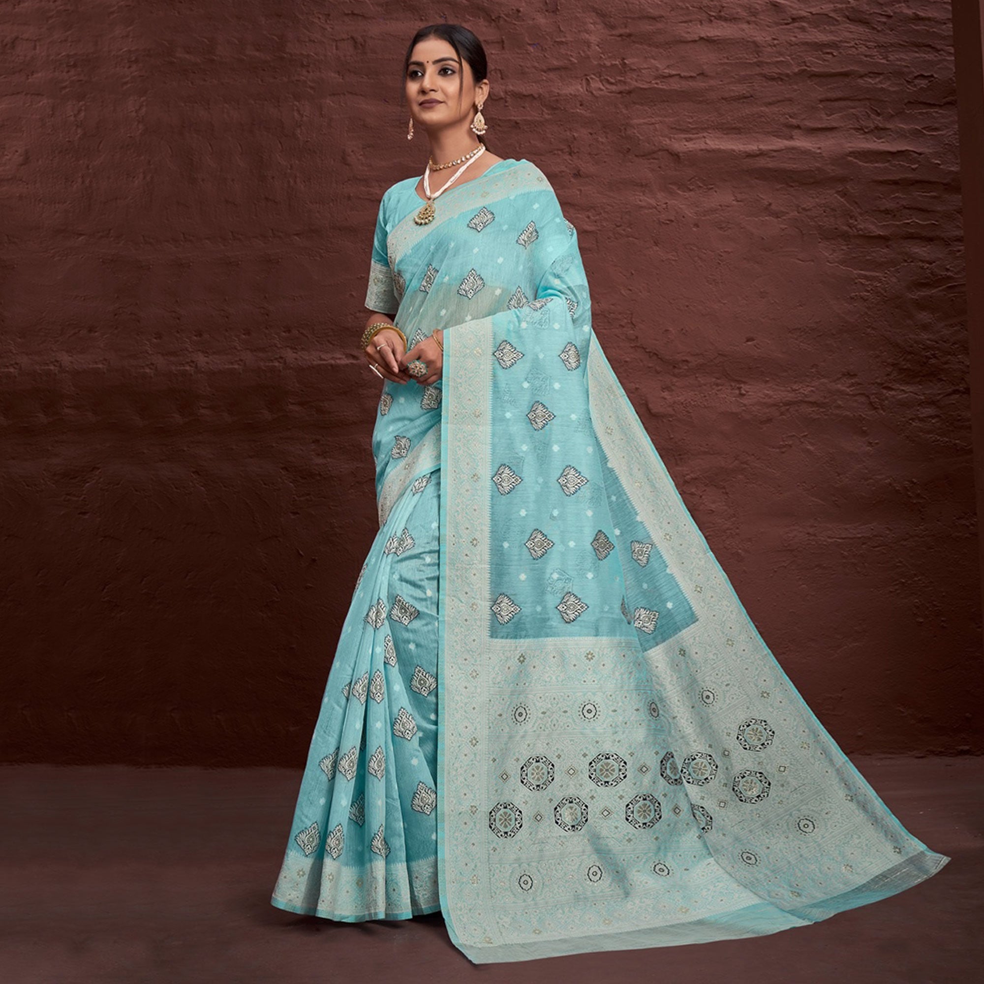 Sky Blue Woven Cotton Blend Saree
