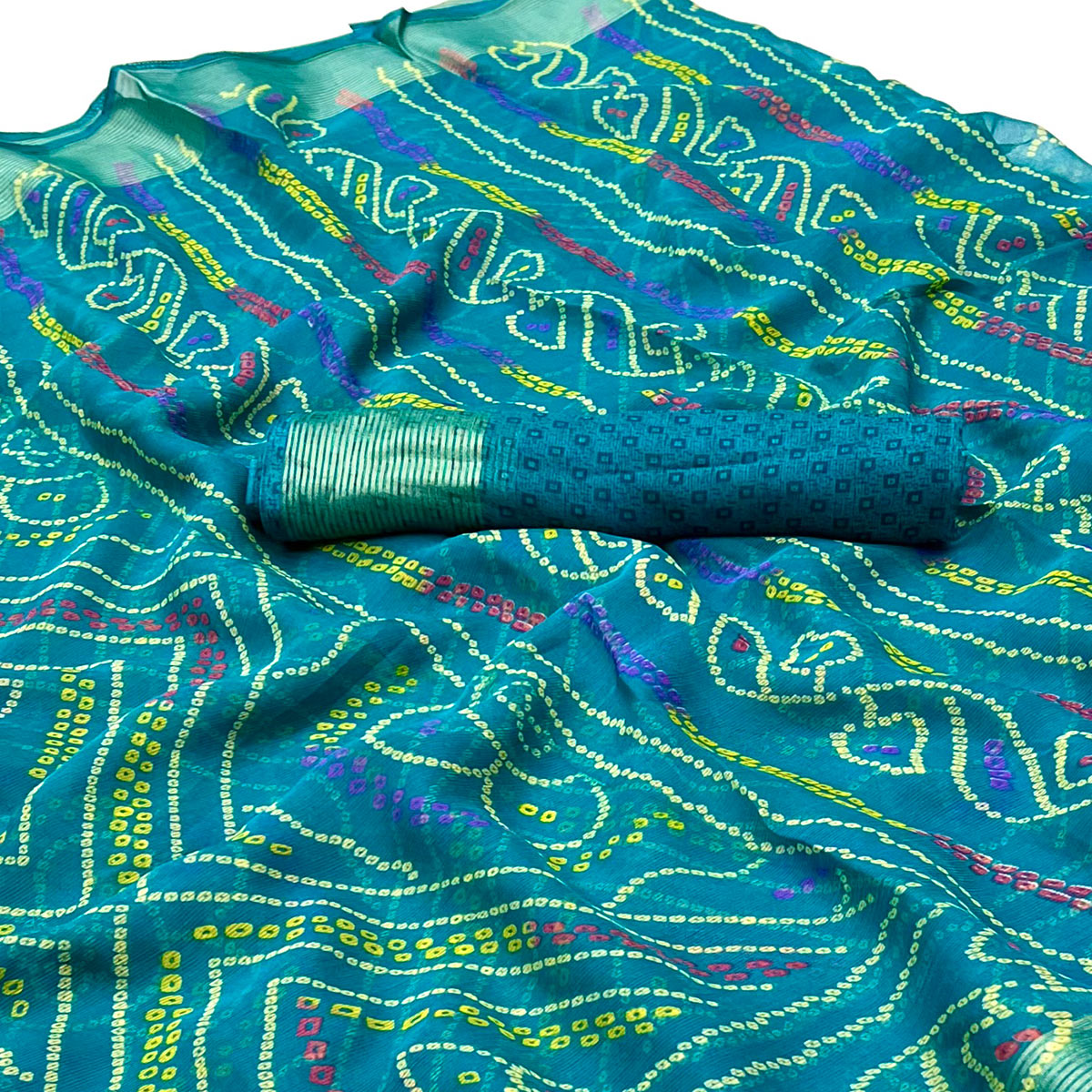 Blue Bandhani Printed Chiffon Saree